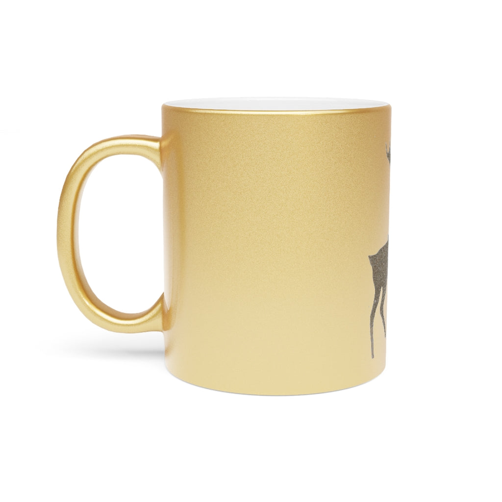 A stylish metallic mug available in silver and gold, showcasing a custom design on one side with a comfortable C-handle.