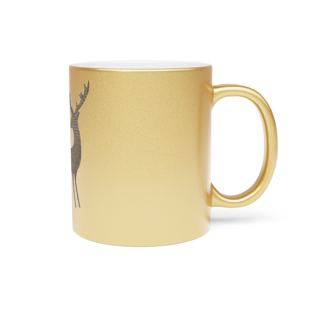 A stylish metallic mug available in silver and gold, showcasing a custom design on one side with a comfortable C-handle.