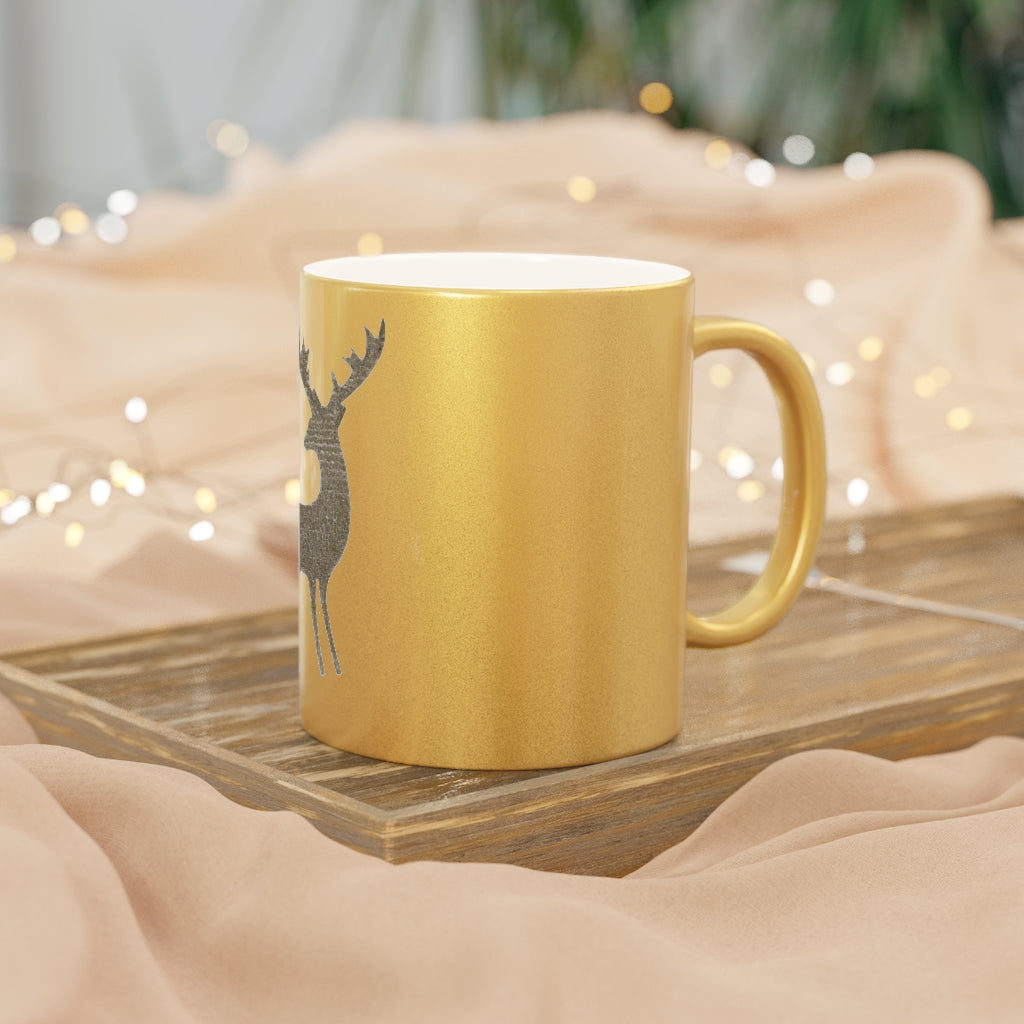 A stylish metallic mug available in silver and gold, showcasing a custom design on one side with a comfortable C-handle.