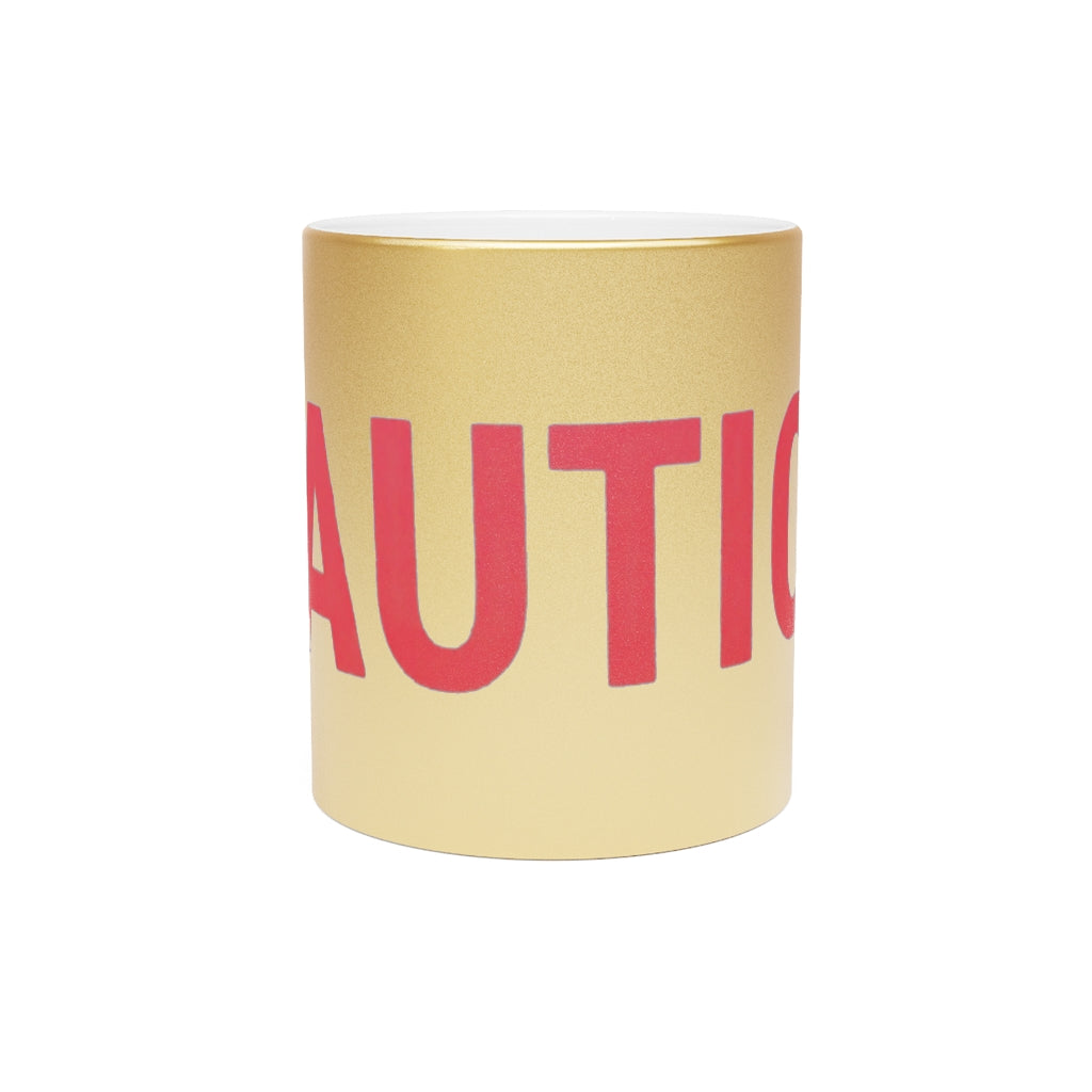 A stylish metallic mug available in silver and gold, showcasing a customizable design on a ceramic base with a C-handle.