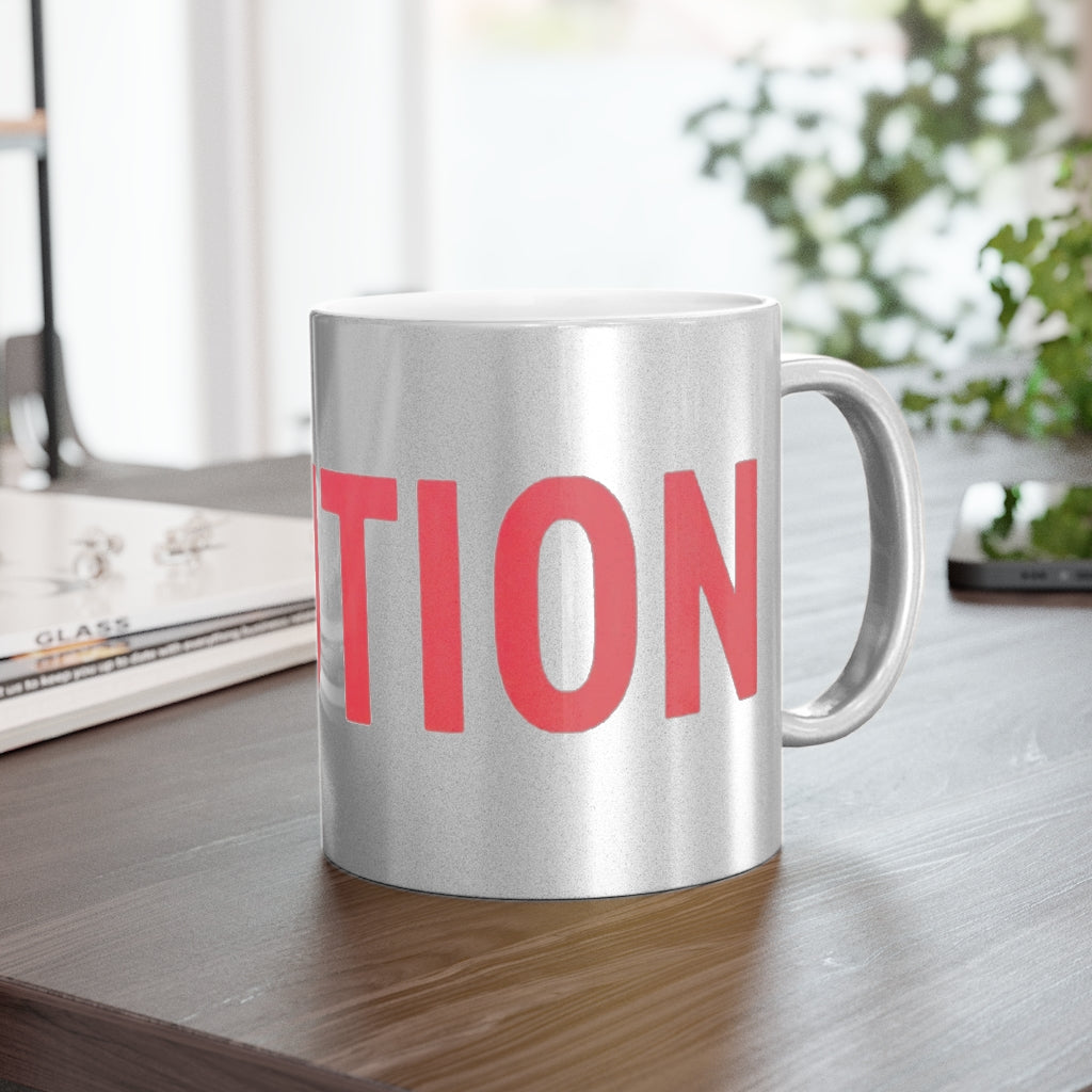 A stylish metallic mug available in silver and gold, showcasing a customizable design on a ceramic base with a C-handle.