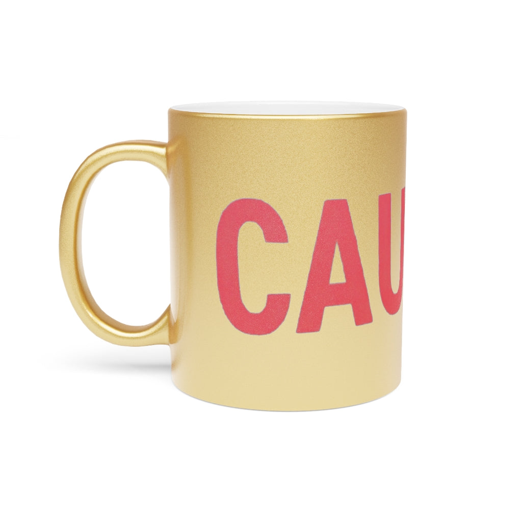 A stylish metallic mug available in silver and gold, showcasing a customizable design on a ceramic base with a C-handle.