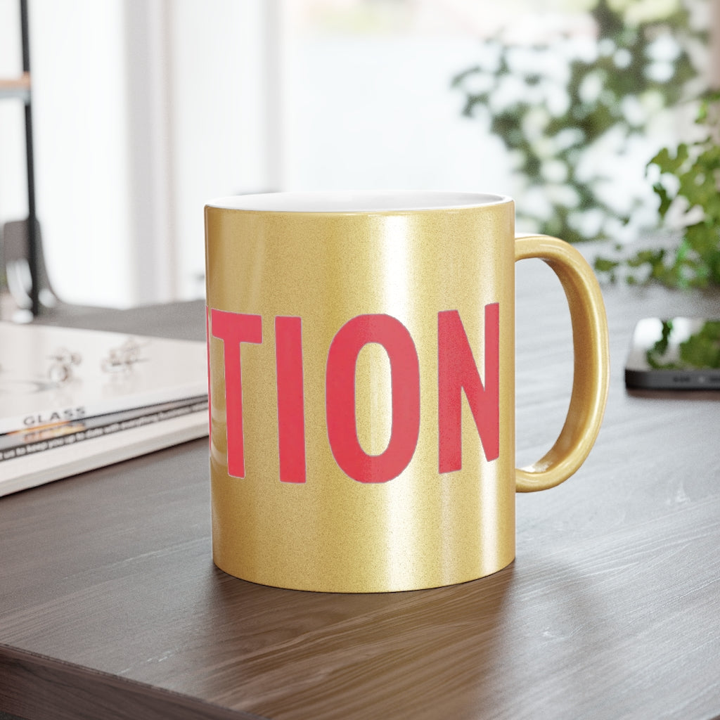 A stylish metallic mug available in silver and gold, showcasing a customizable design on a ceramic base with a C-handle.