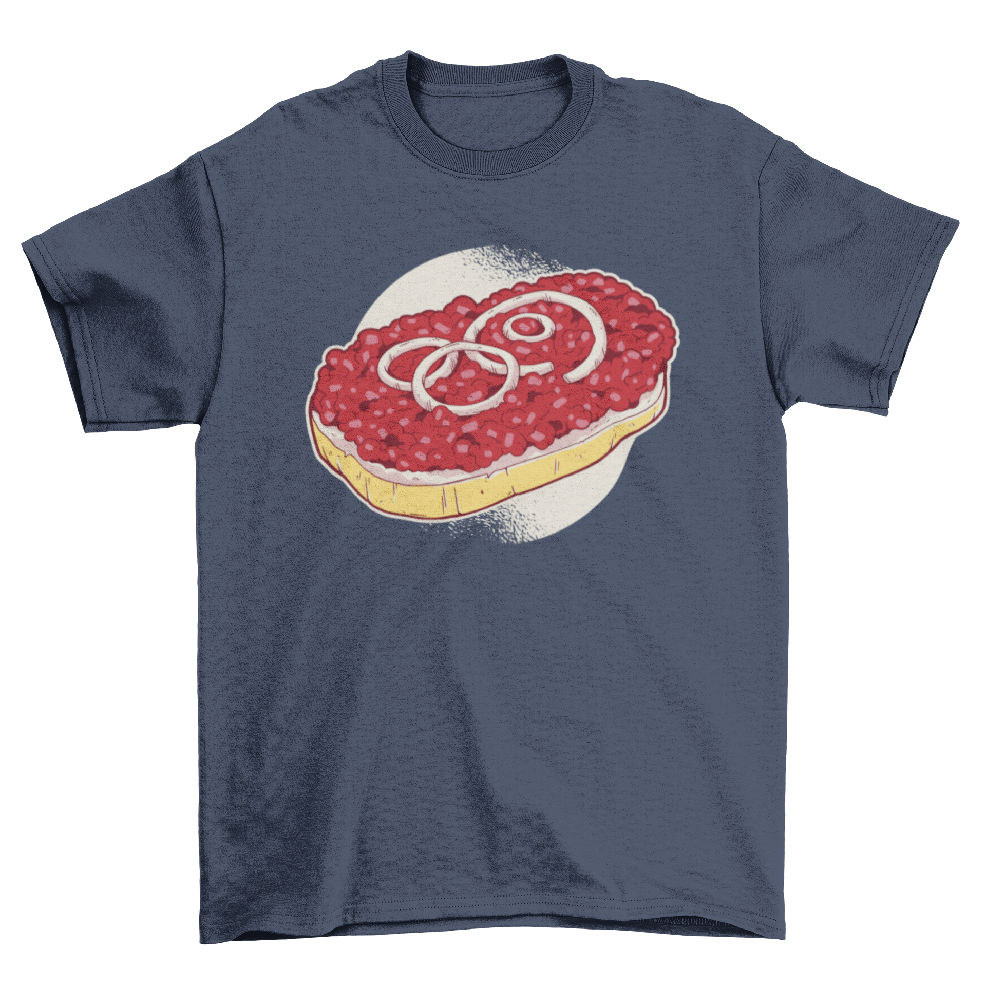 Mettbrötchen t-shirt featuring a colorful illustration of German minced pork on bread.