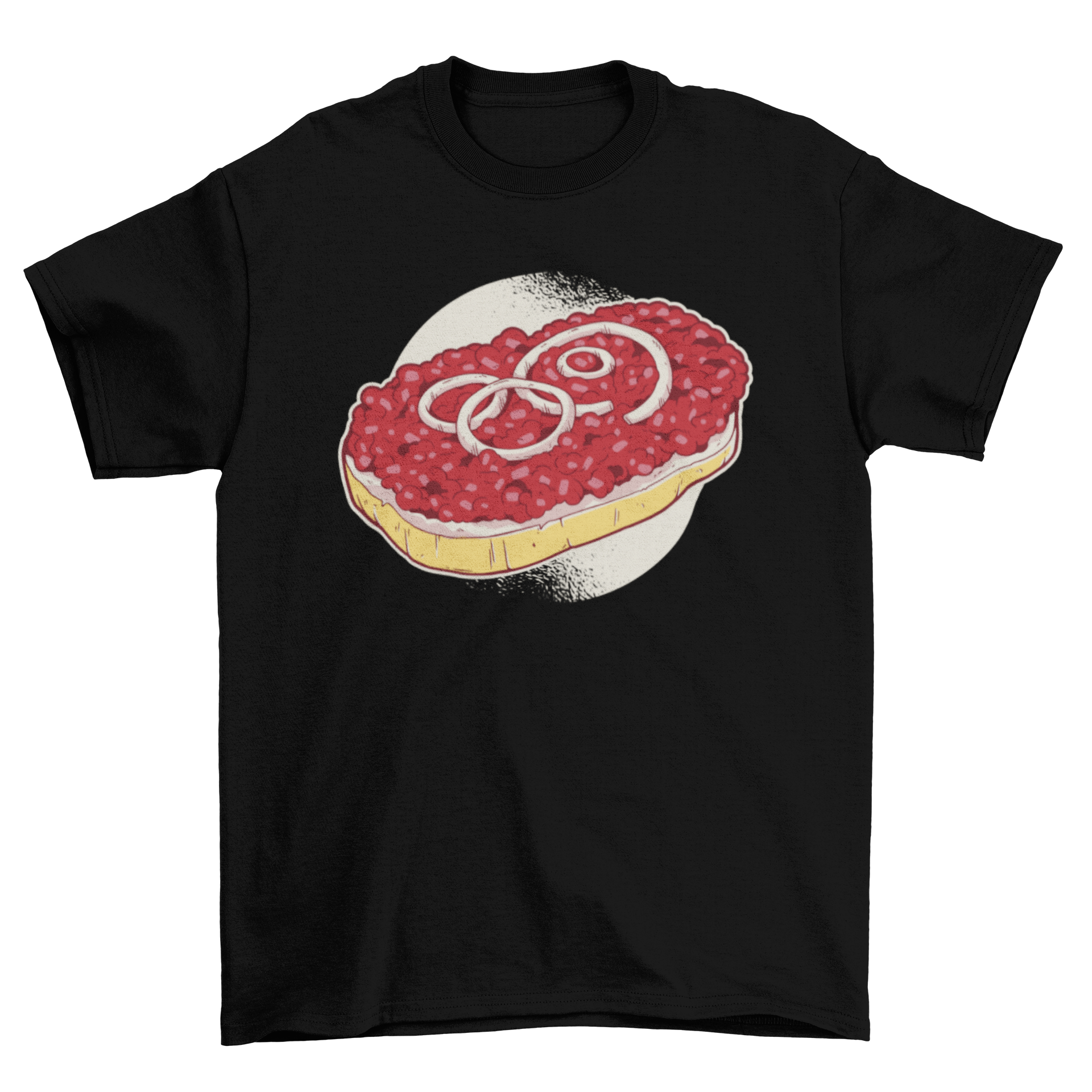 Mettbrötchen t-shirt featuring a colorful illustration of German minced pork on bread.