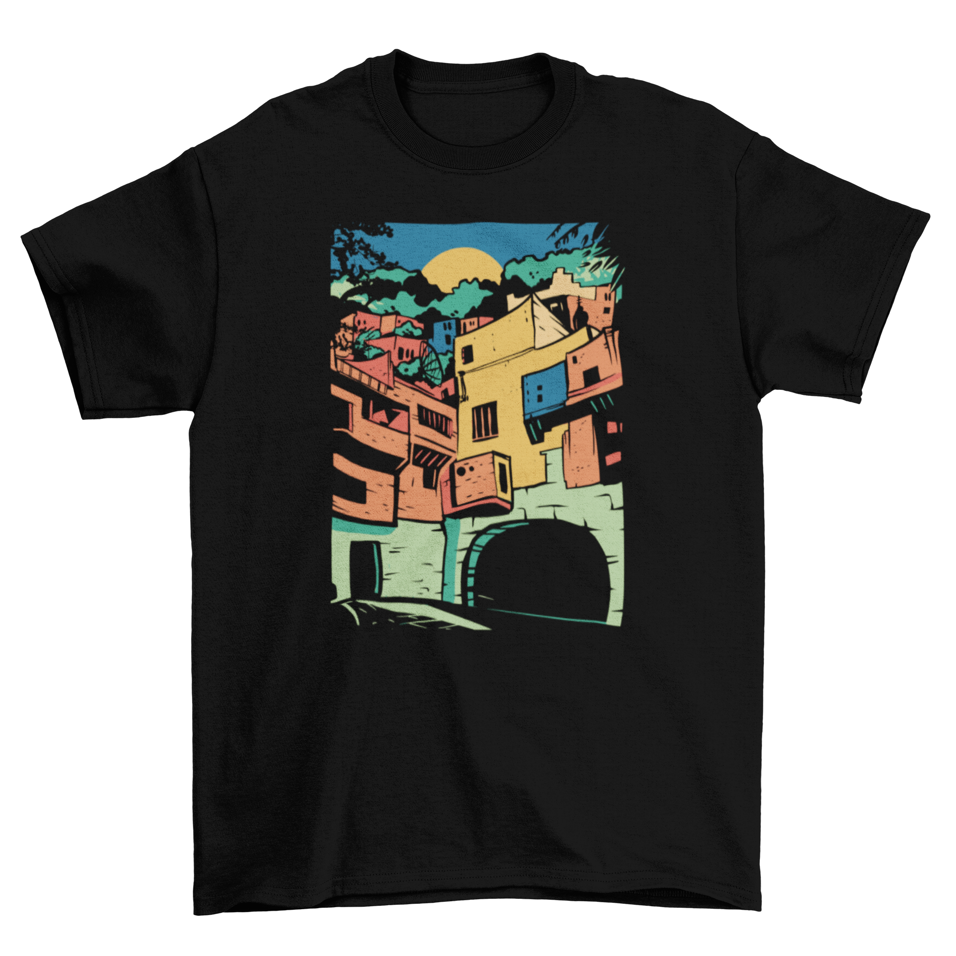 Colorful t-shirt featuring the vibrant cityscape of Guanajuato, Mexico, showcasing its iconic architecture and lively colors.