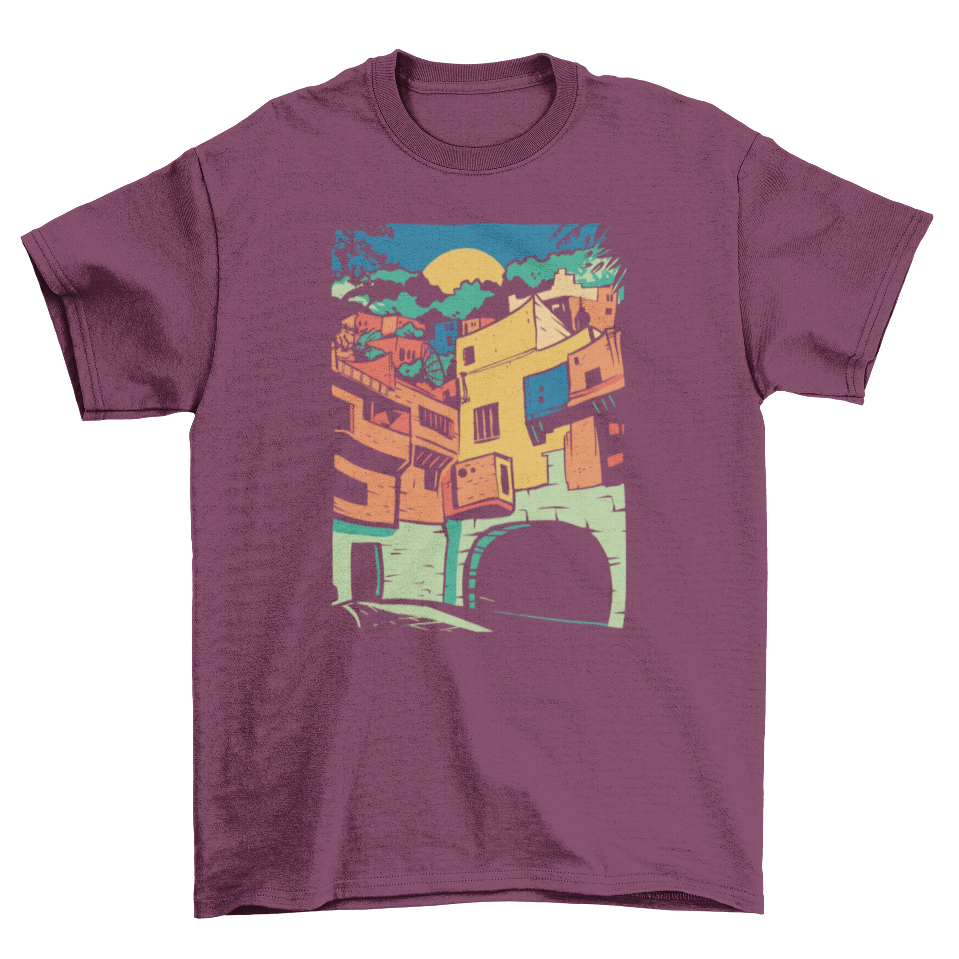 Colorful t-shirt featuring the vibrant cityscape of Guanajuato, Mexico, showcasing its iconic architecture and lively colors.