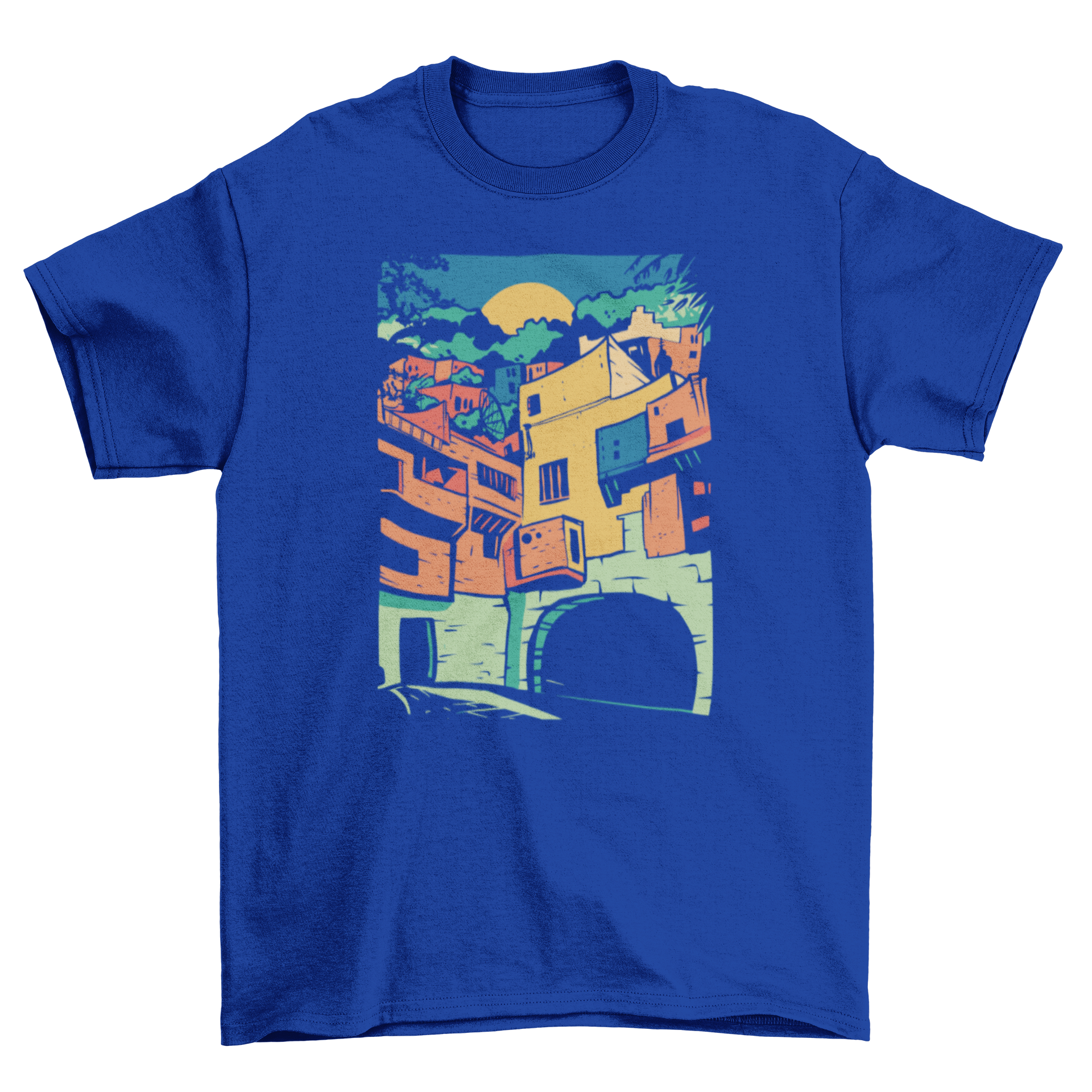 Colorful t-shirt featuring the vibrant cityscape of Guanajuato, Mexico, showcasing its iconic architecture and lively colors.