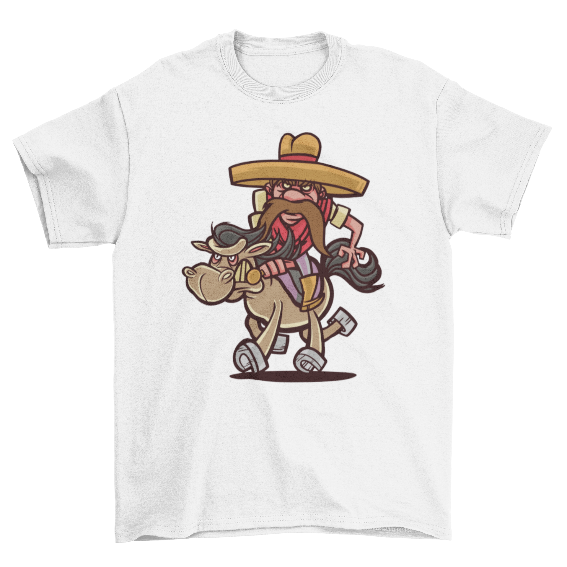 A colorful cartoon t-shirt featuring a cowboy with a moustache riding a horse, showcasing a fun and playful design.