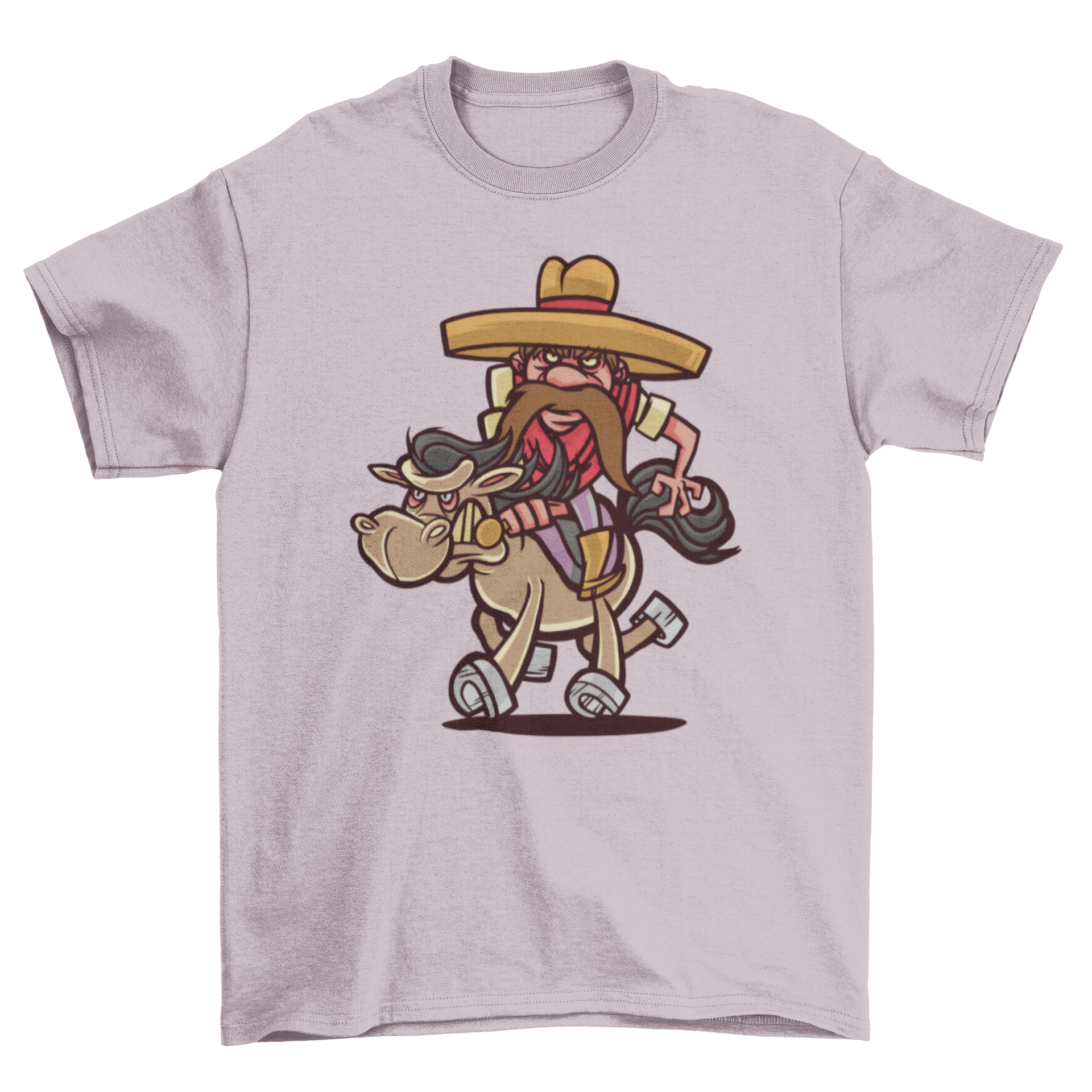 A colorful cartoon t-shirt featuring a cowboy with a moustache riding a horse, showcasing a fun and playful design.