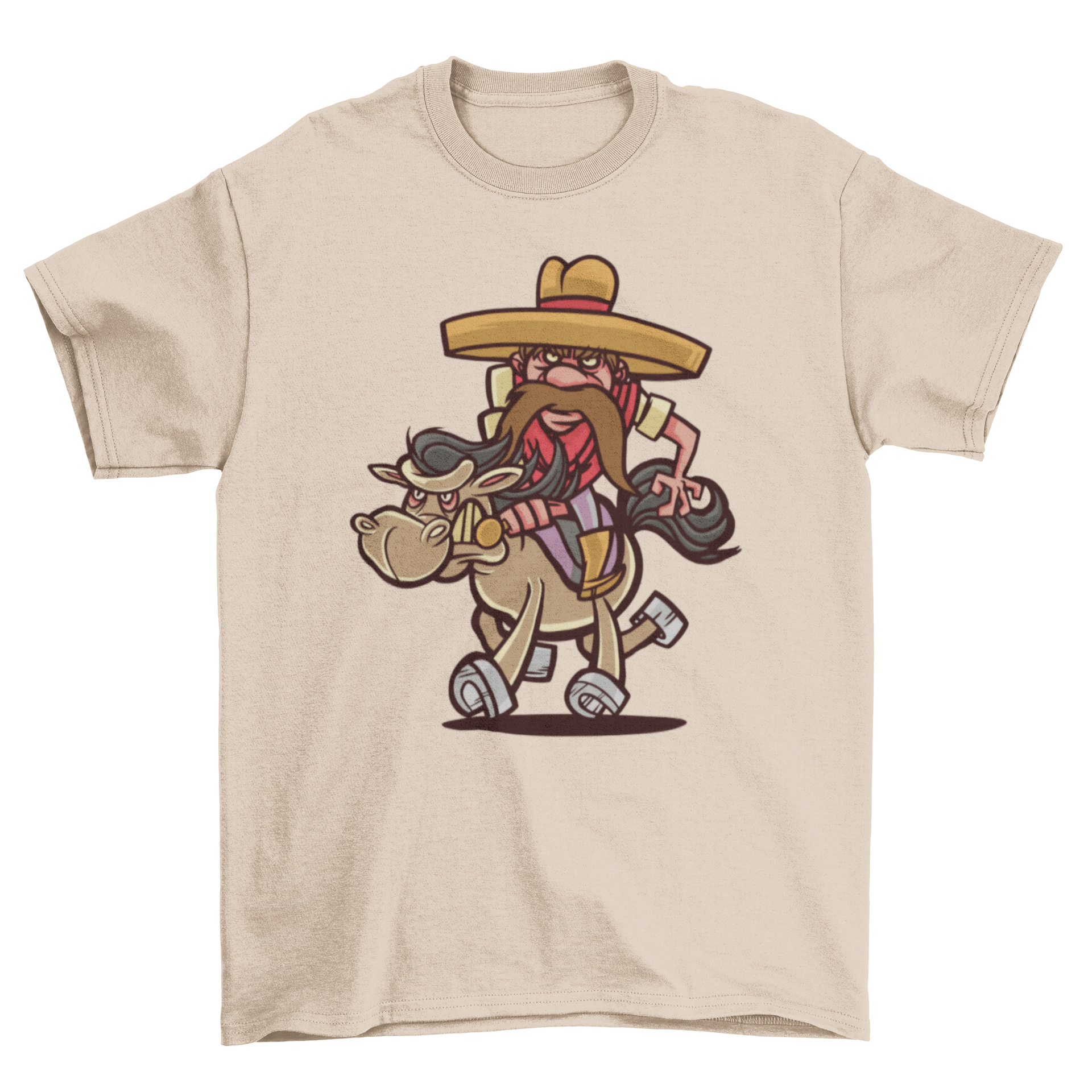 A colorful cartoon t-shirt featuring a cowboy with a moustache riding a horse, showcasing a fun and playful design.