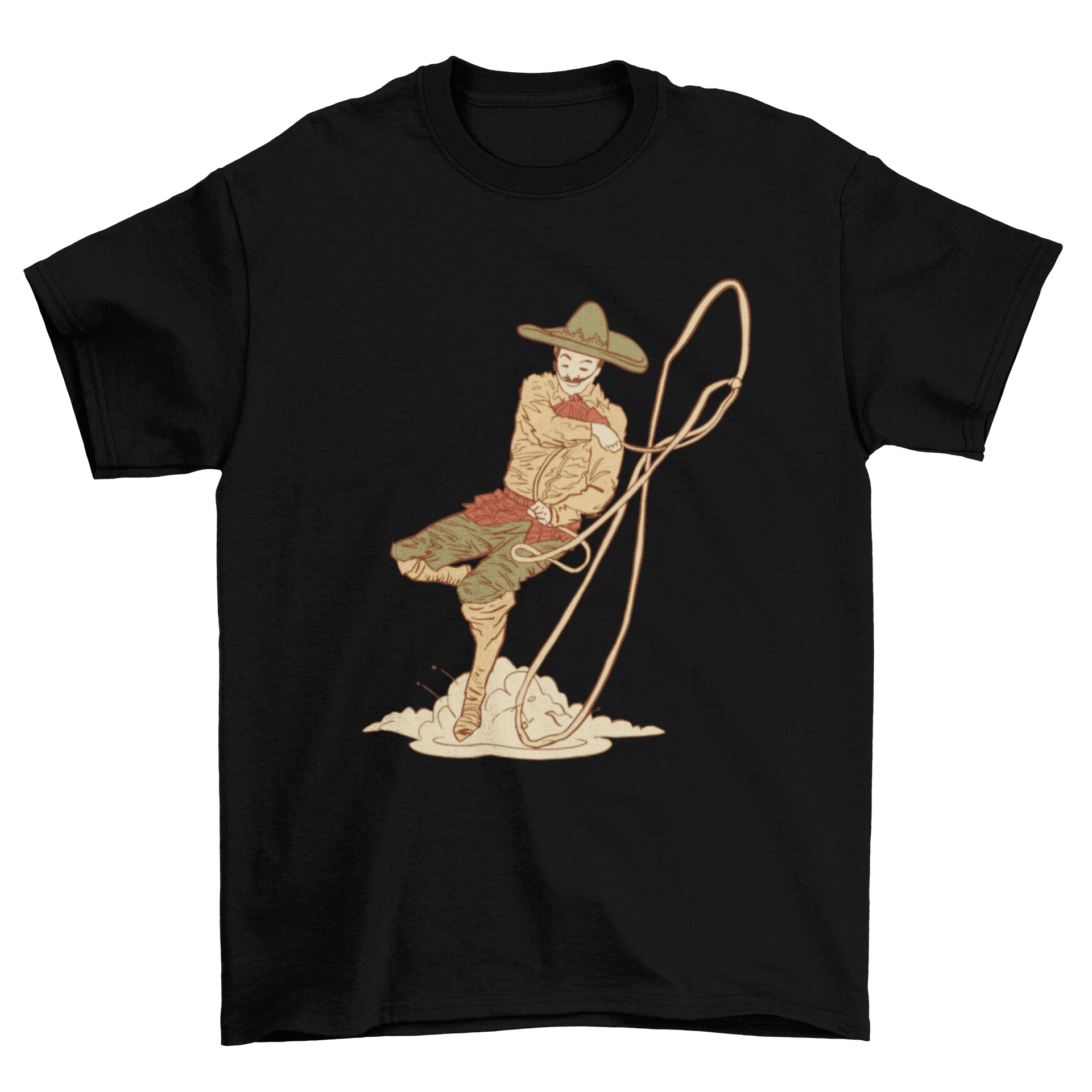 A vibrant t-shirt design featuring a Mexican cowboy performing a rope trick, showcasing cultural artistry.