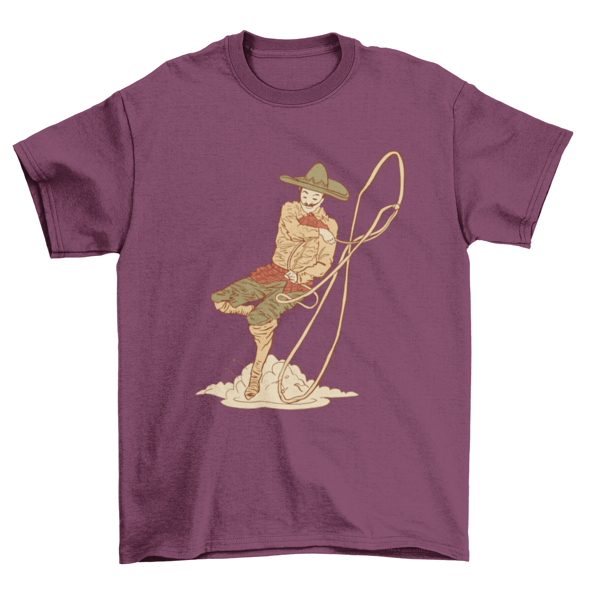 A vibrant t-shirt design featuring a Mexican cowboy performing a rope trick, showcasing cultural artistry.