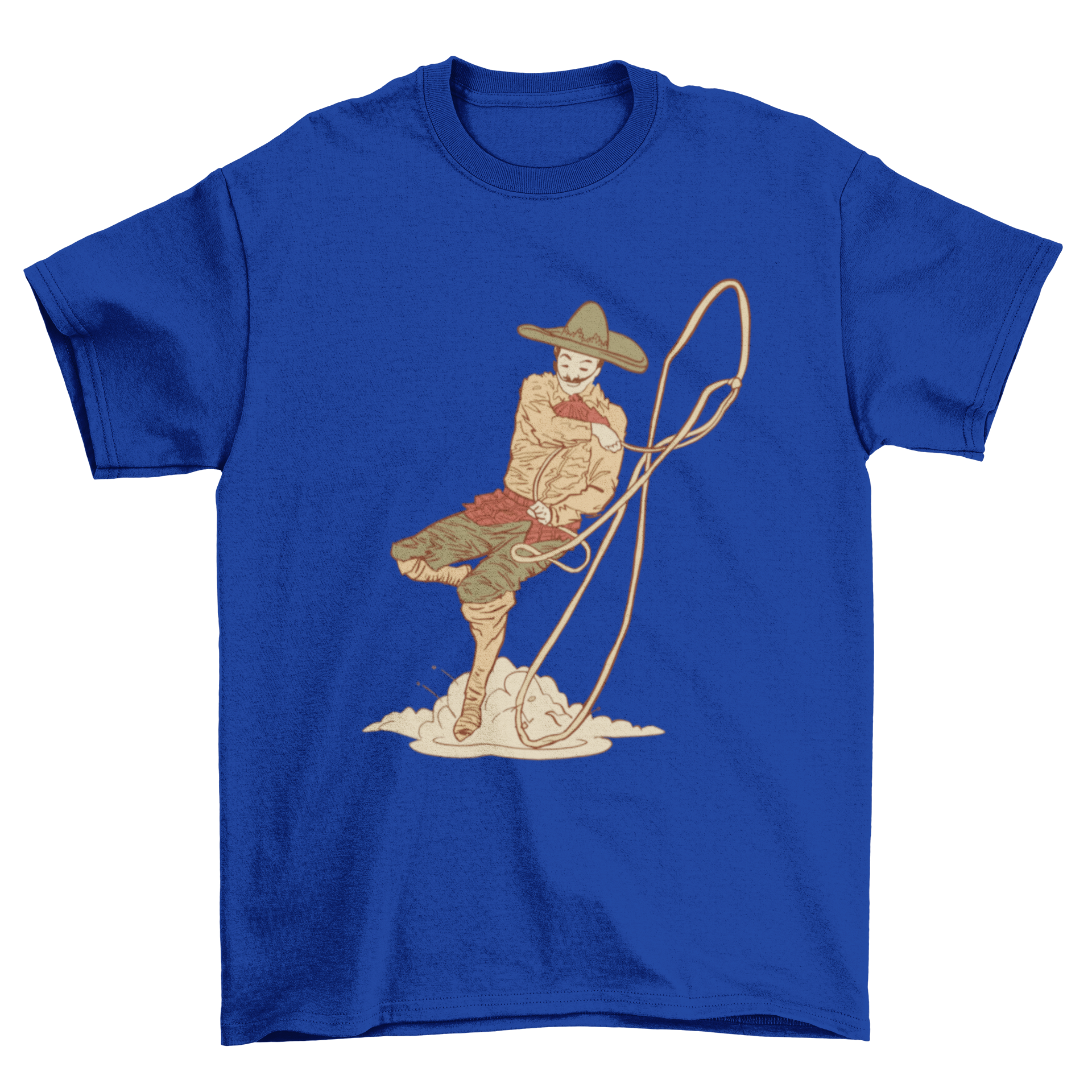 A vibrant t-shirt design featuring a Mexican cowboy performing a rope trick, showcasing cultural artistry.