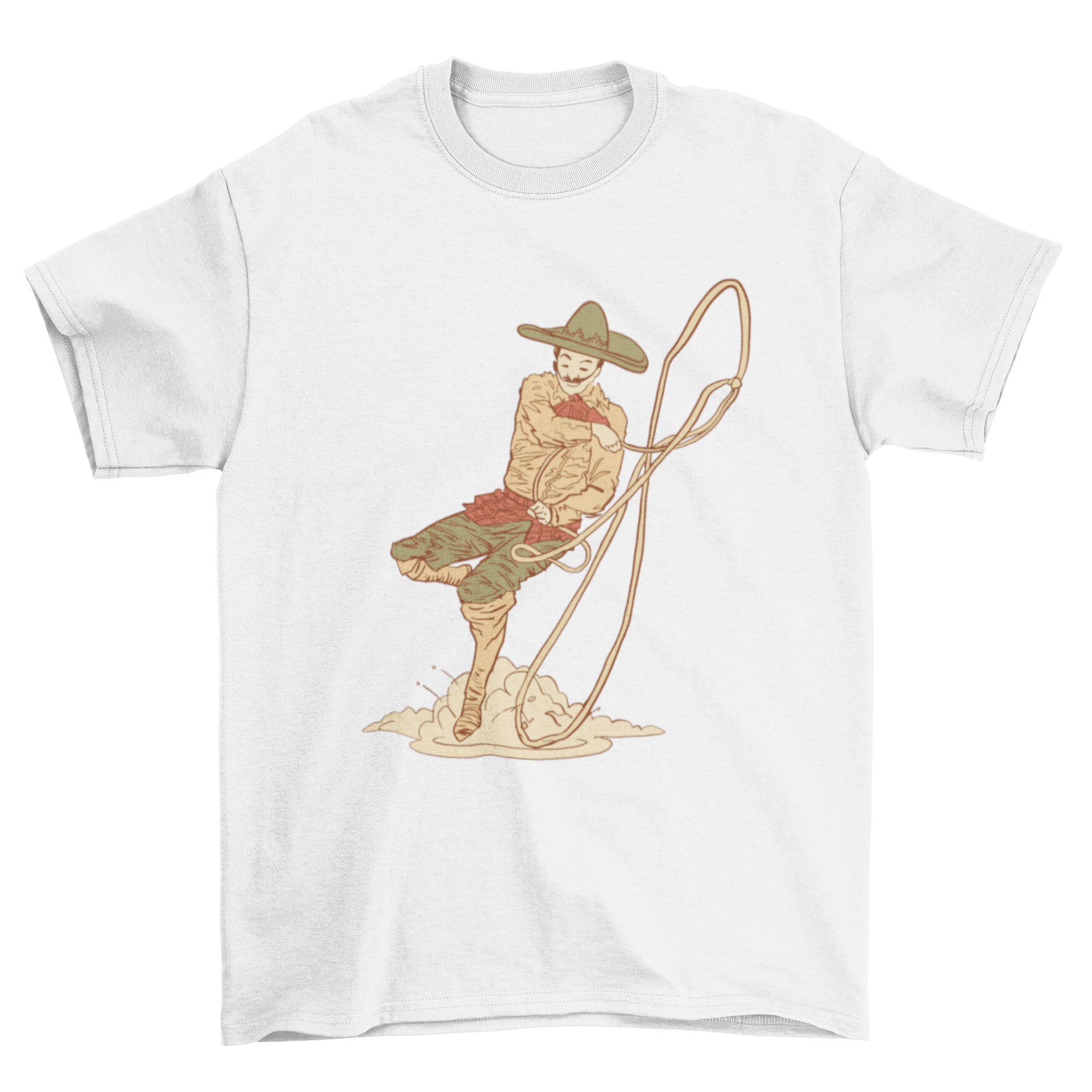 A vibrant t-shirt design featuring a Mexican cowboy performing a rope trick, showcasing cultural artistry.