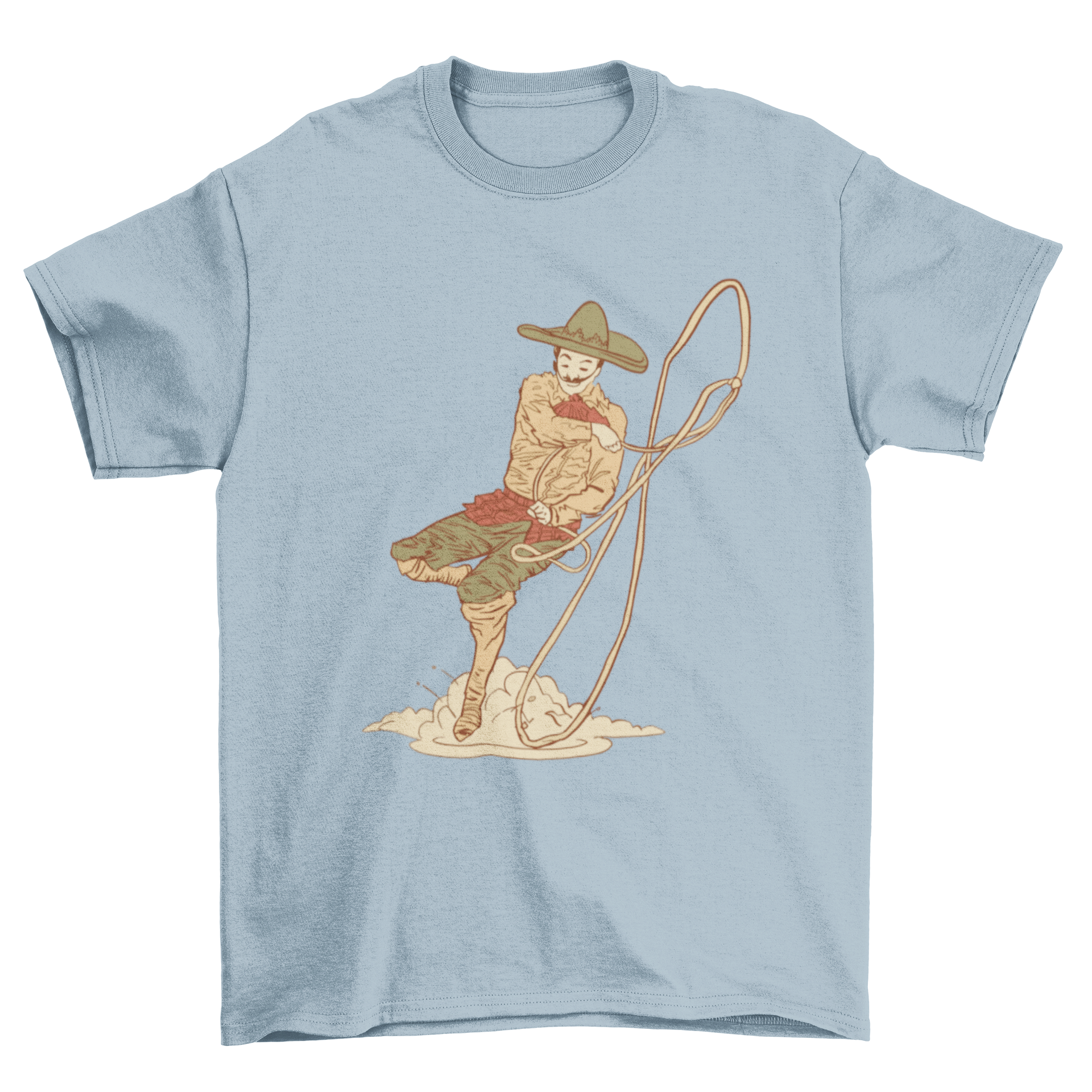 A vibrant t-shirt design featuring a Mexican cowboy performing a rope trick, showcasing cultural artistry.