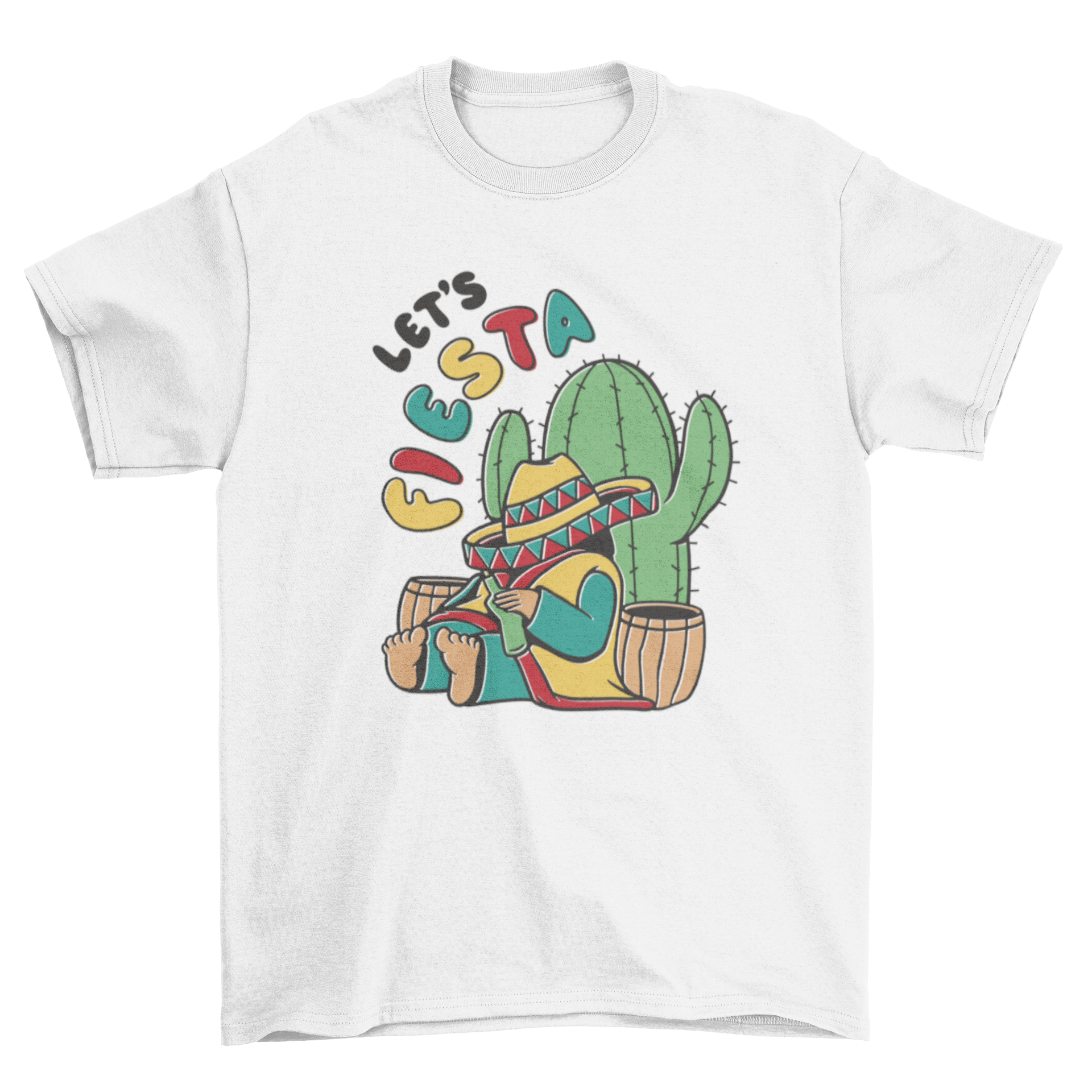 A vibrant Mexican fiesta t-shirt featuring a traditional Mexican man in a poncho and sombrero, with a cactus and the quote 'Let's fiesta'.