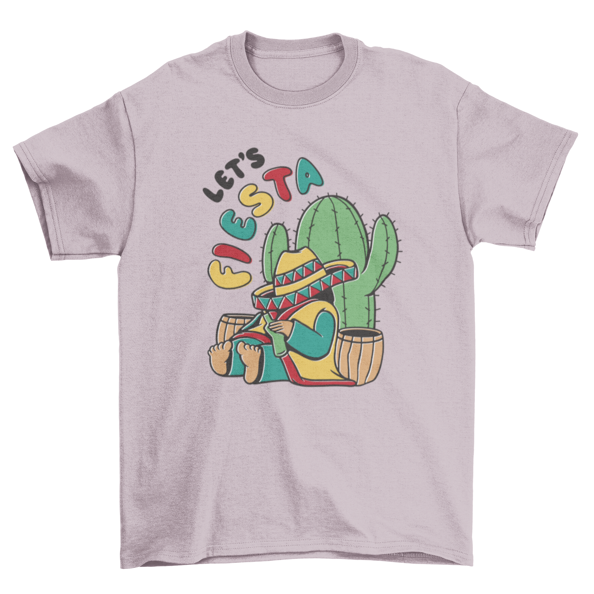 A vibrant Mexican fiesta t-shirt featuring a traditional Mexican man in a poncho and sombrero, with a cactus and the quote 'Let's fiesta'.