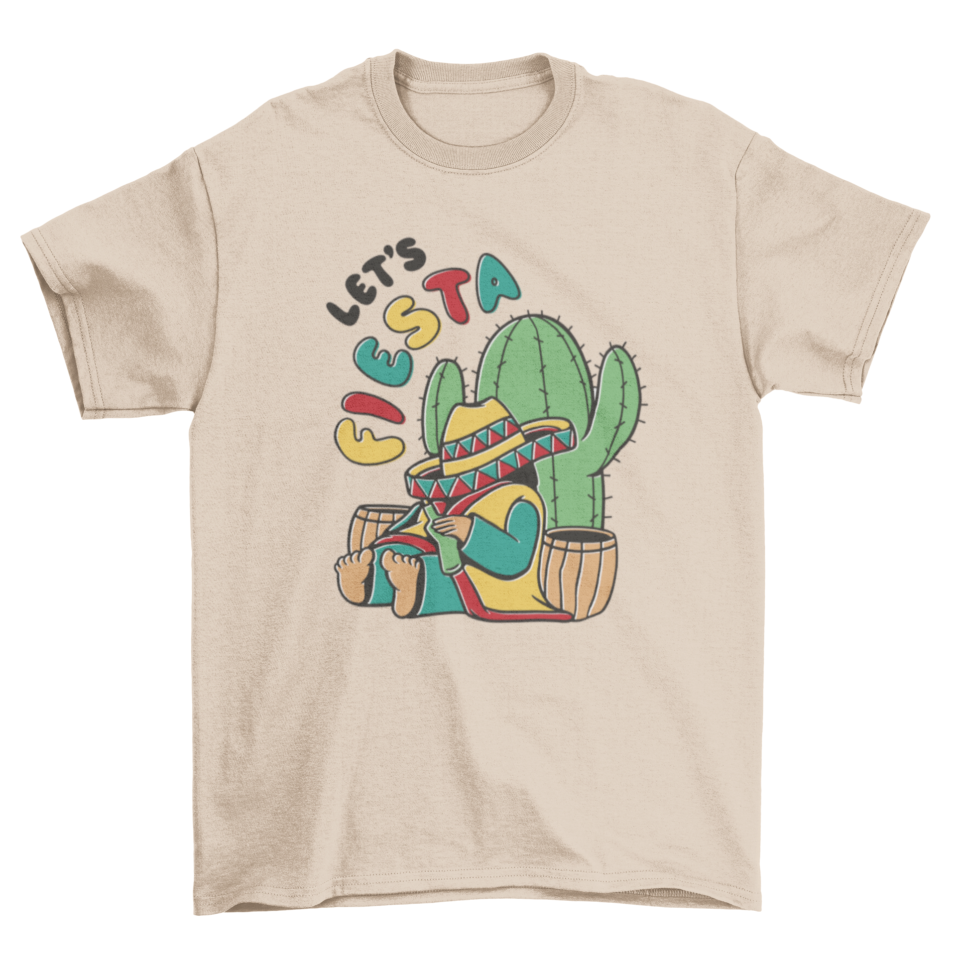 A vibrant Mexican fiesta t-shirt featuring a traditional Mexican man in a poncho and sombrero, with a cactus and the quote 'Let's fiesta'.