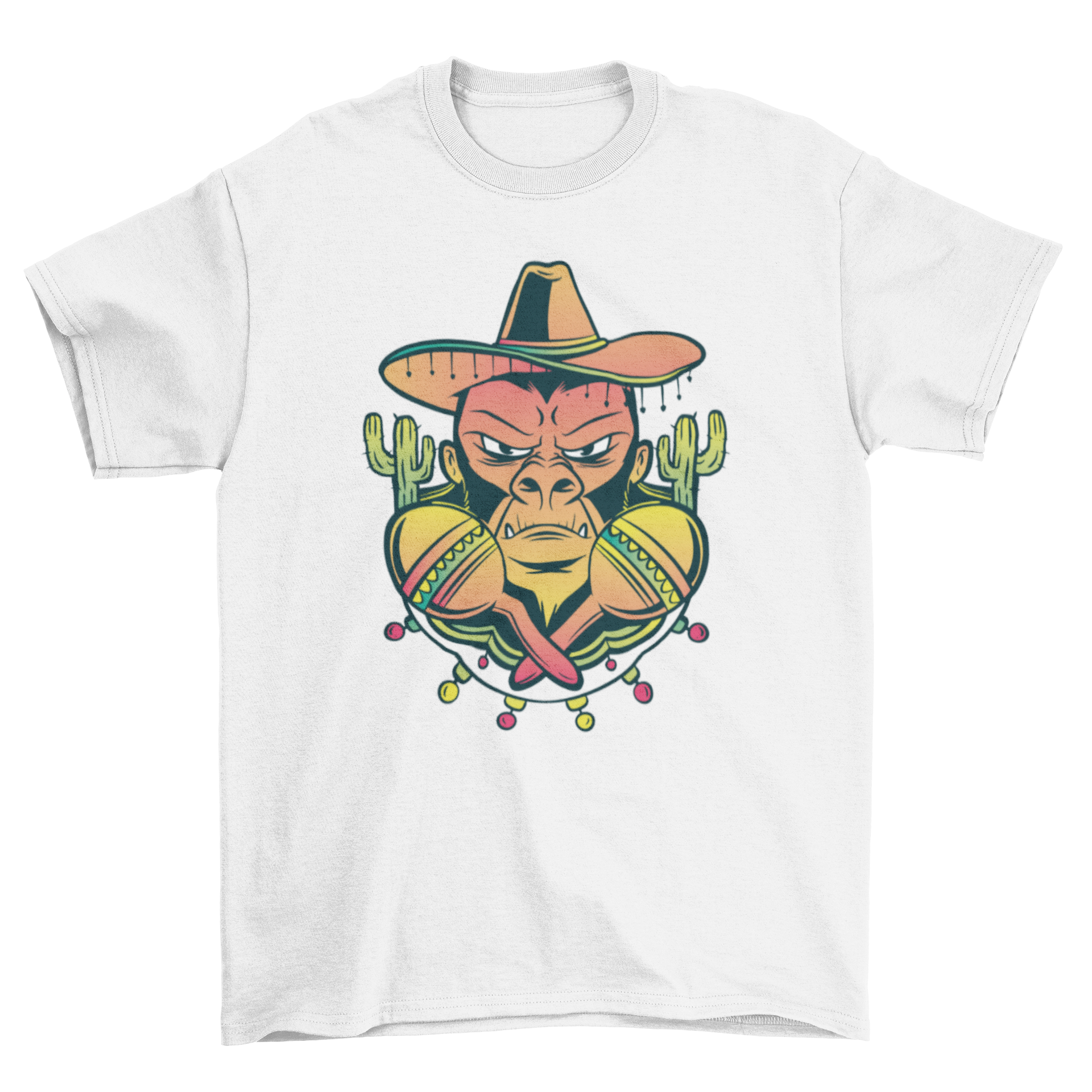 A vibrant t-shirt featuring a gorilla wearing a traditional Mexican hat and holding maracas, showcasing a playful and colorful design.