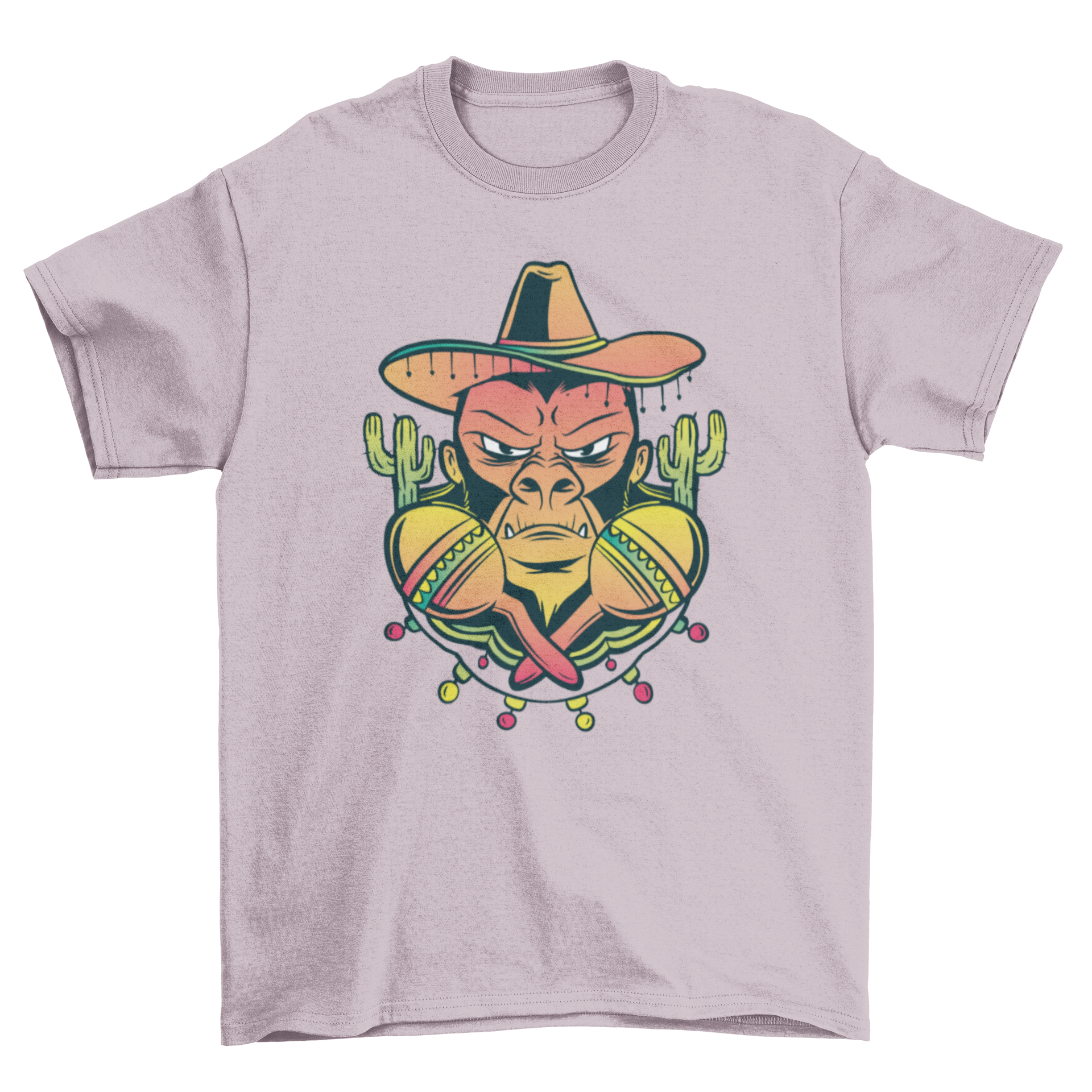 A vibrant t-shirt featuring a gorilla wearing a traditional Mexican hat and holding maracas, showcasing a playful and colorful design.