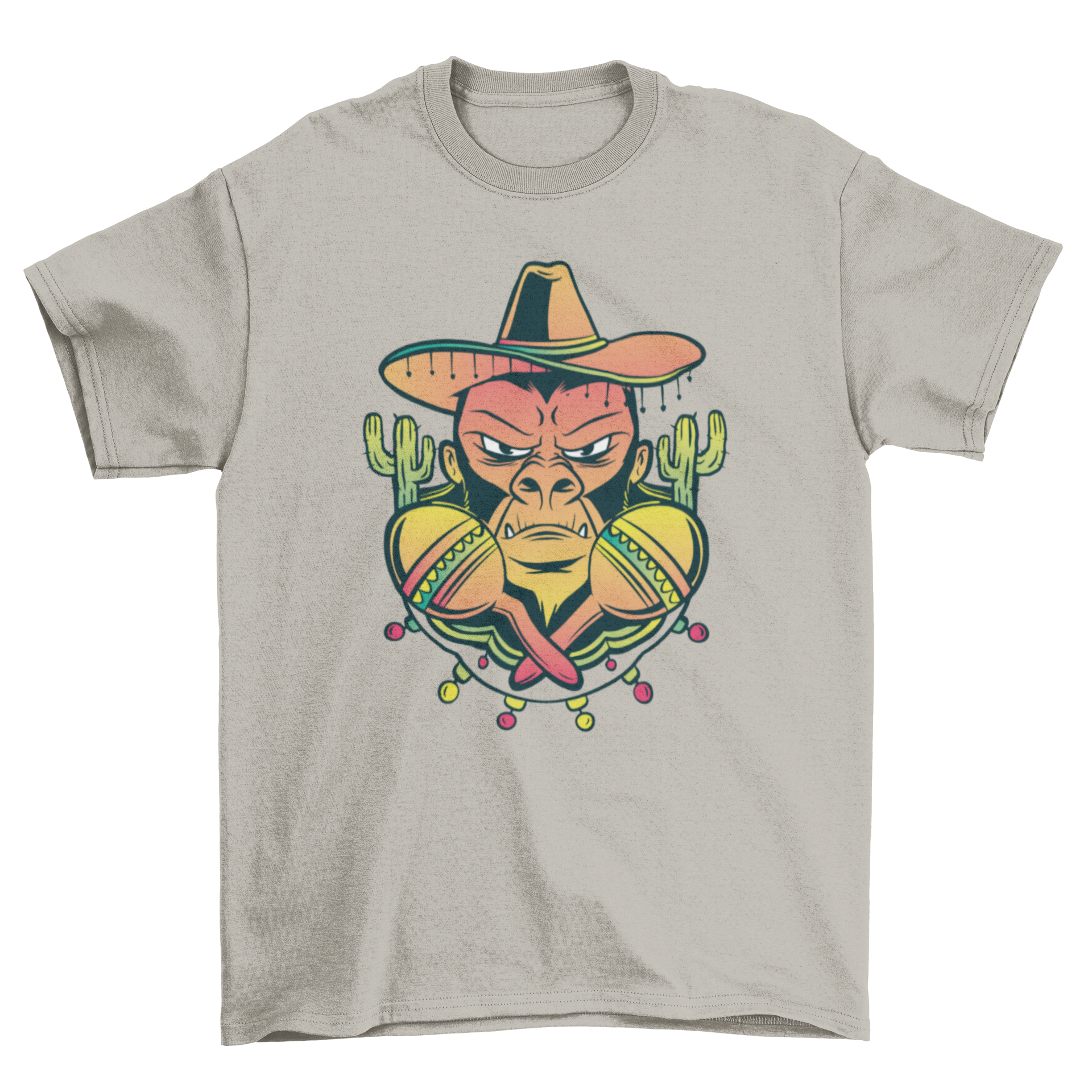 A vibrant t-shirt featuring a gorilla wearing a traditional Mexican hat and holding maracas, showcasing a playful and colorful design.