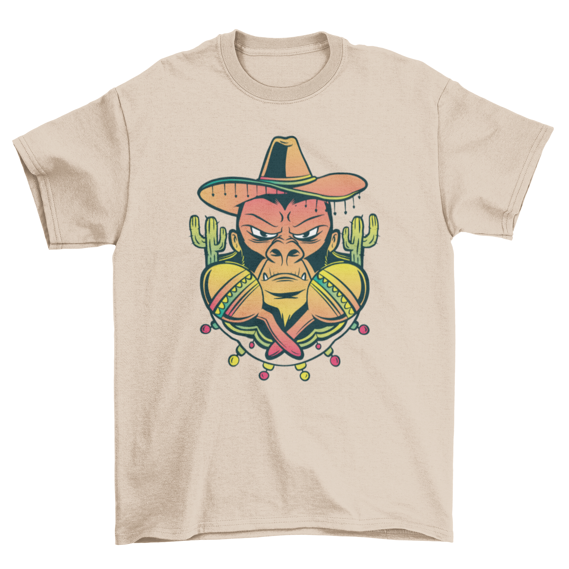 A vibrant t-shirt featuring a gorilla wearing a traditional Mexican hat and holding maracas, showcasing a playful and colorful design.