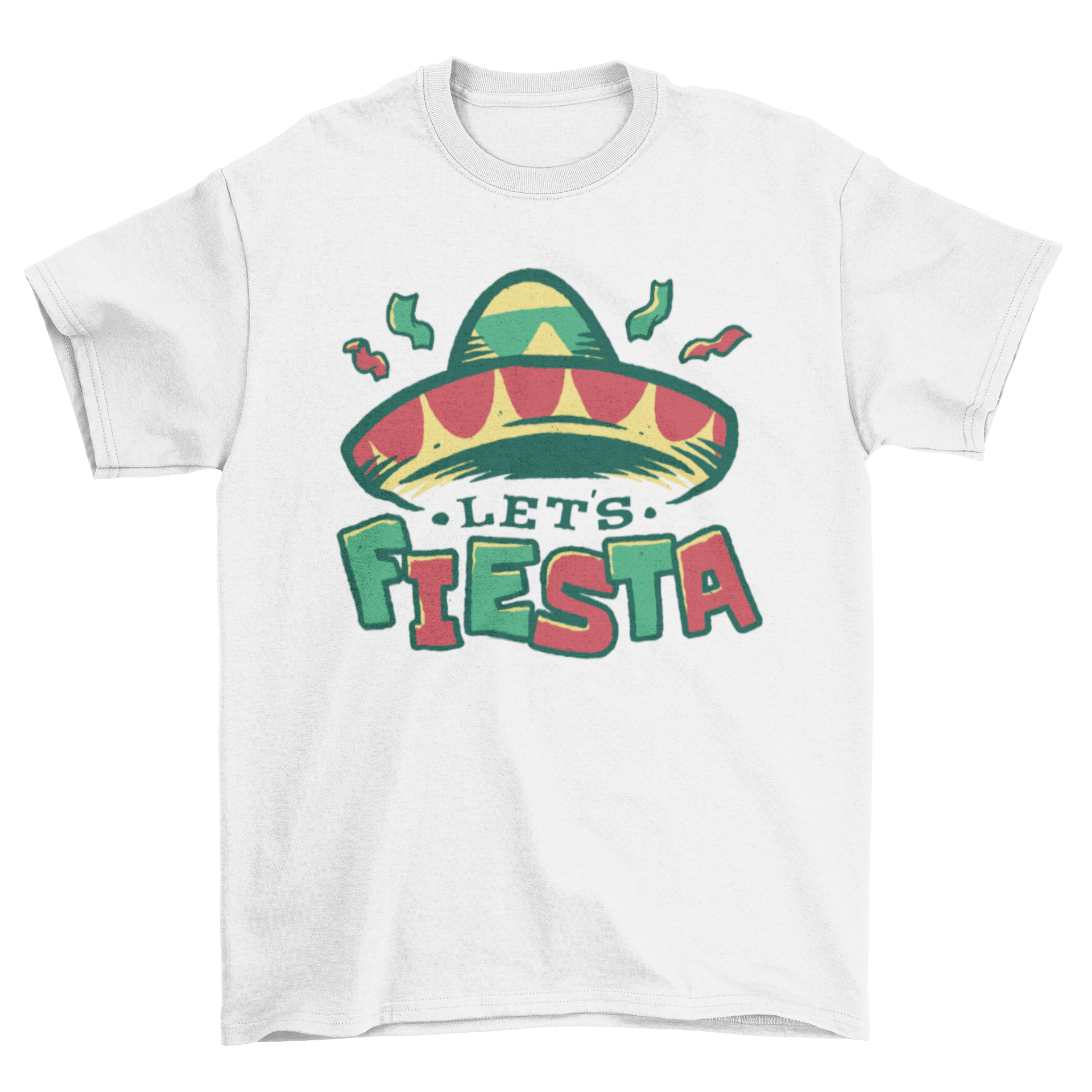 A colorful t-shirt featuring a Mexican hat and the quote 'Let's fiesta', perfect for Cinco de Mayo celebrations.