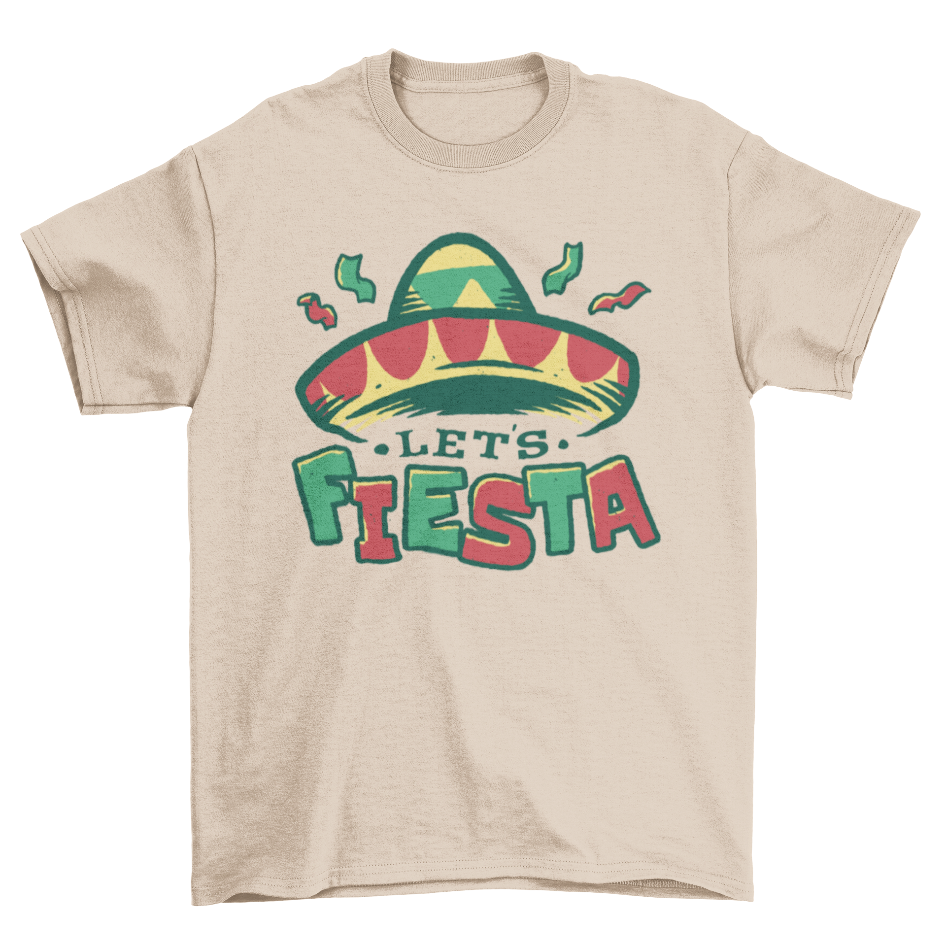 A colorful t-shirt featuring a Mexican hat and the quote 'Let's fiesta', perfect for Cinco de Mayo celebrations.