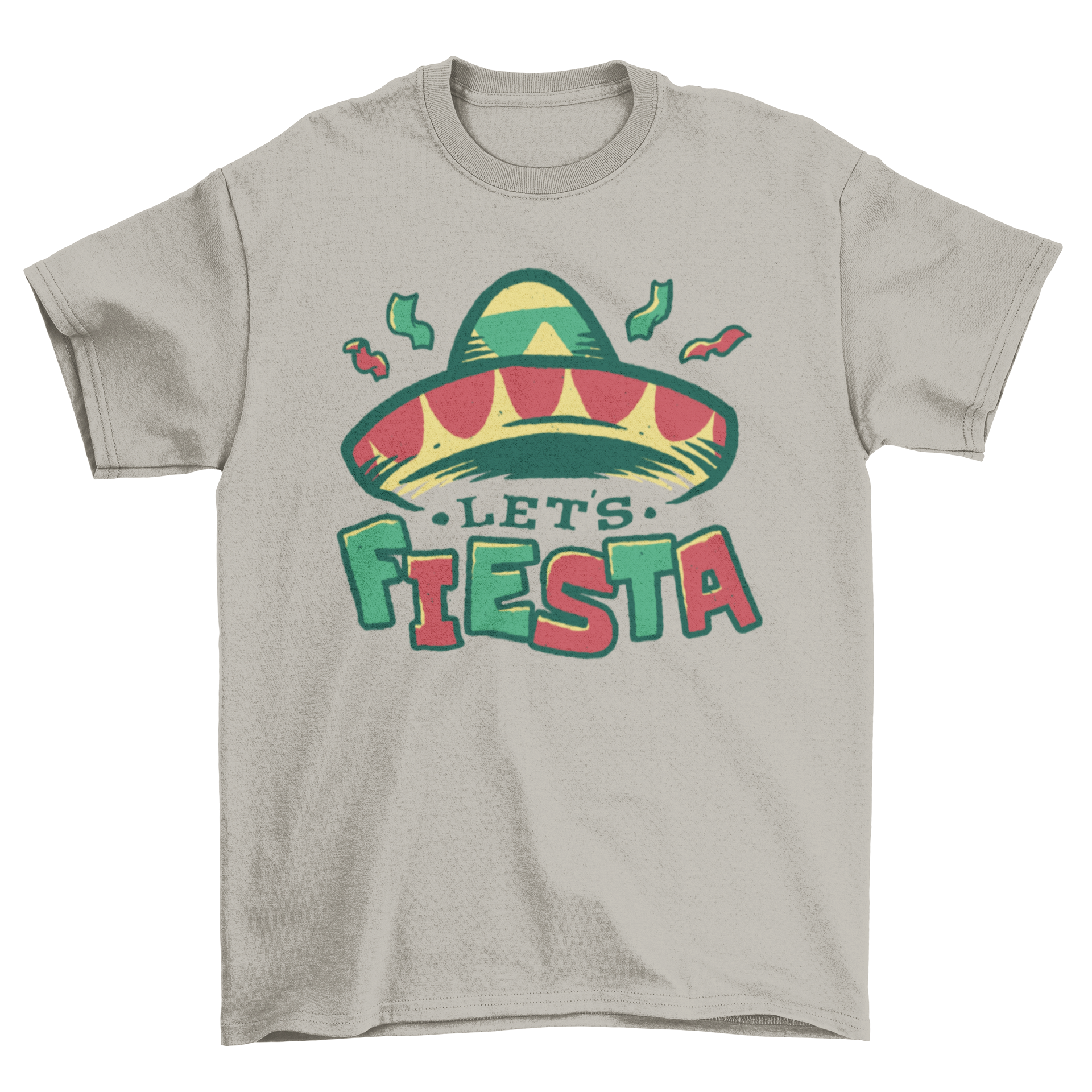 A colorful t-shirt featuring a Mexican hat and the quote 'Let's fiesta', perfect for Cinco de Mayo celebrations.