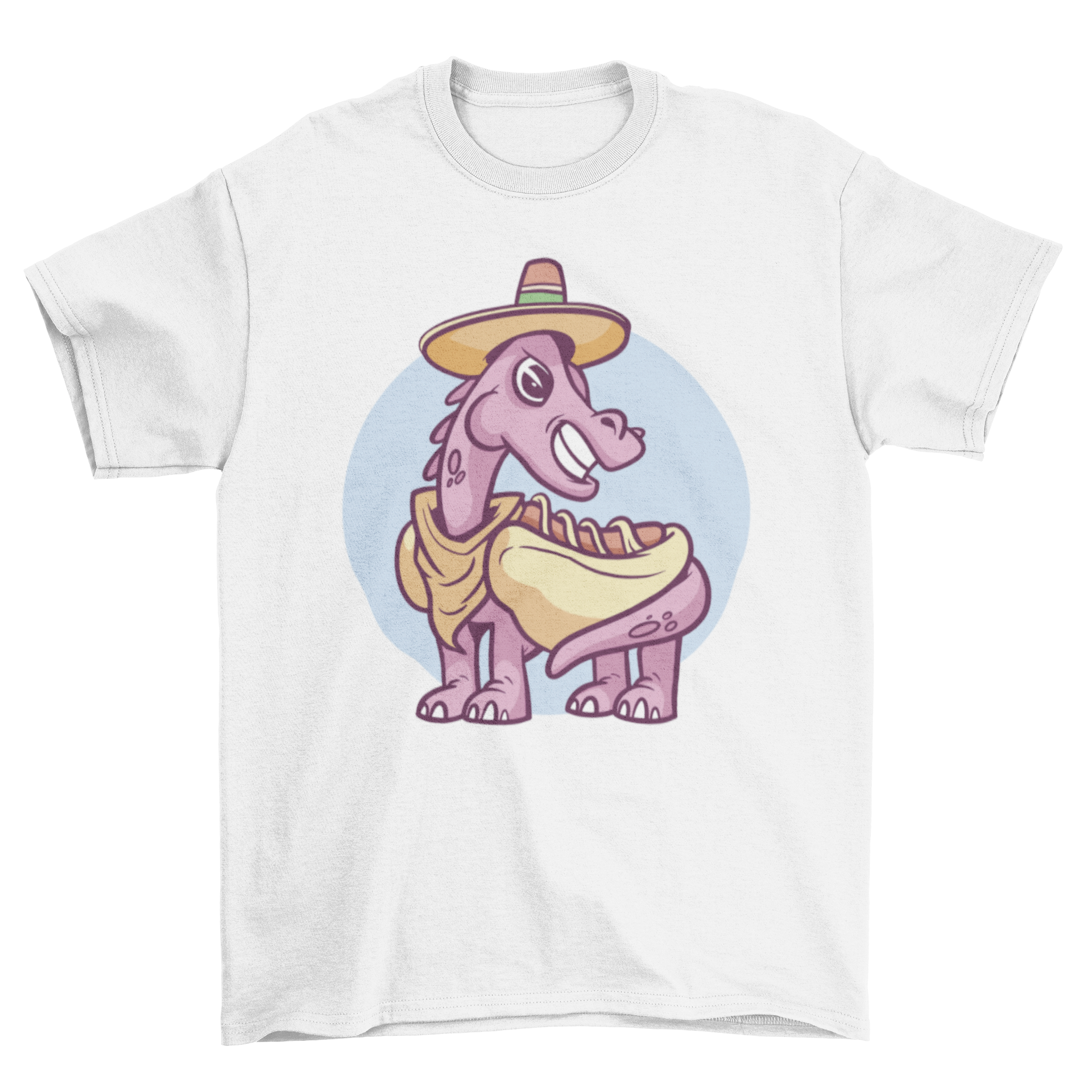 A colorful t-shirt featuring a dinosaur dressed in a hot dog costume, showcasing a fun and whimsical design.