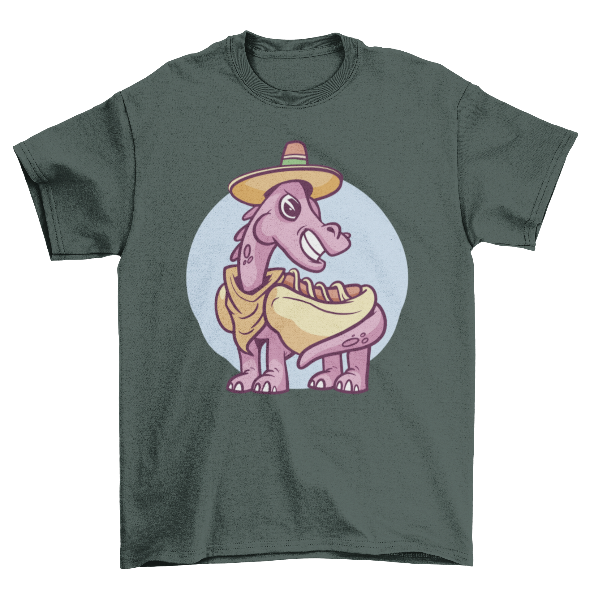 A colorful t-shirt featuring a dinosaur dressed in a hot dog costume, showcasing a fun and whimsical design.