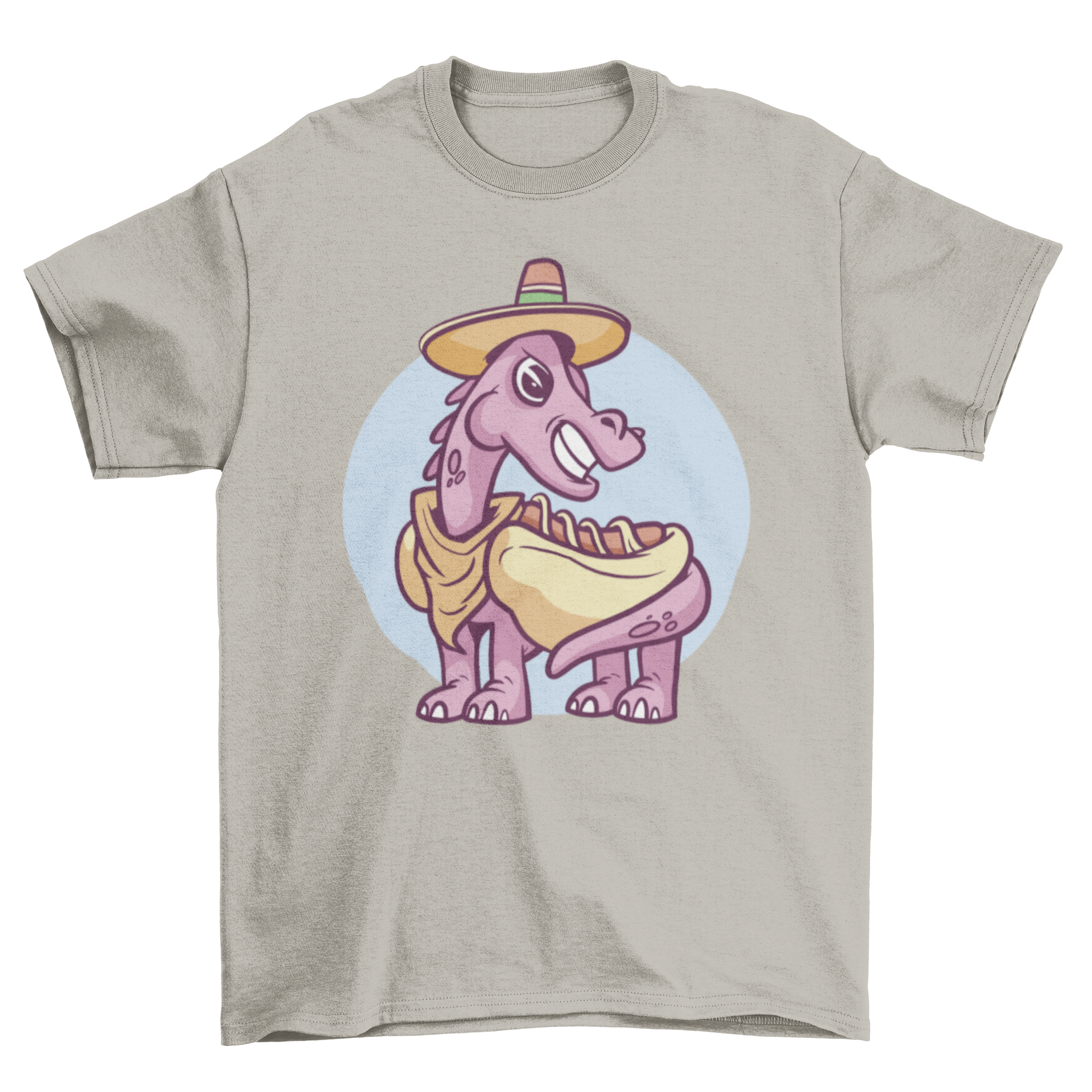 A colorful t-shirt featuring a dinosaur dressed in a hot dog costume, showcasing a fun and whimsical design.