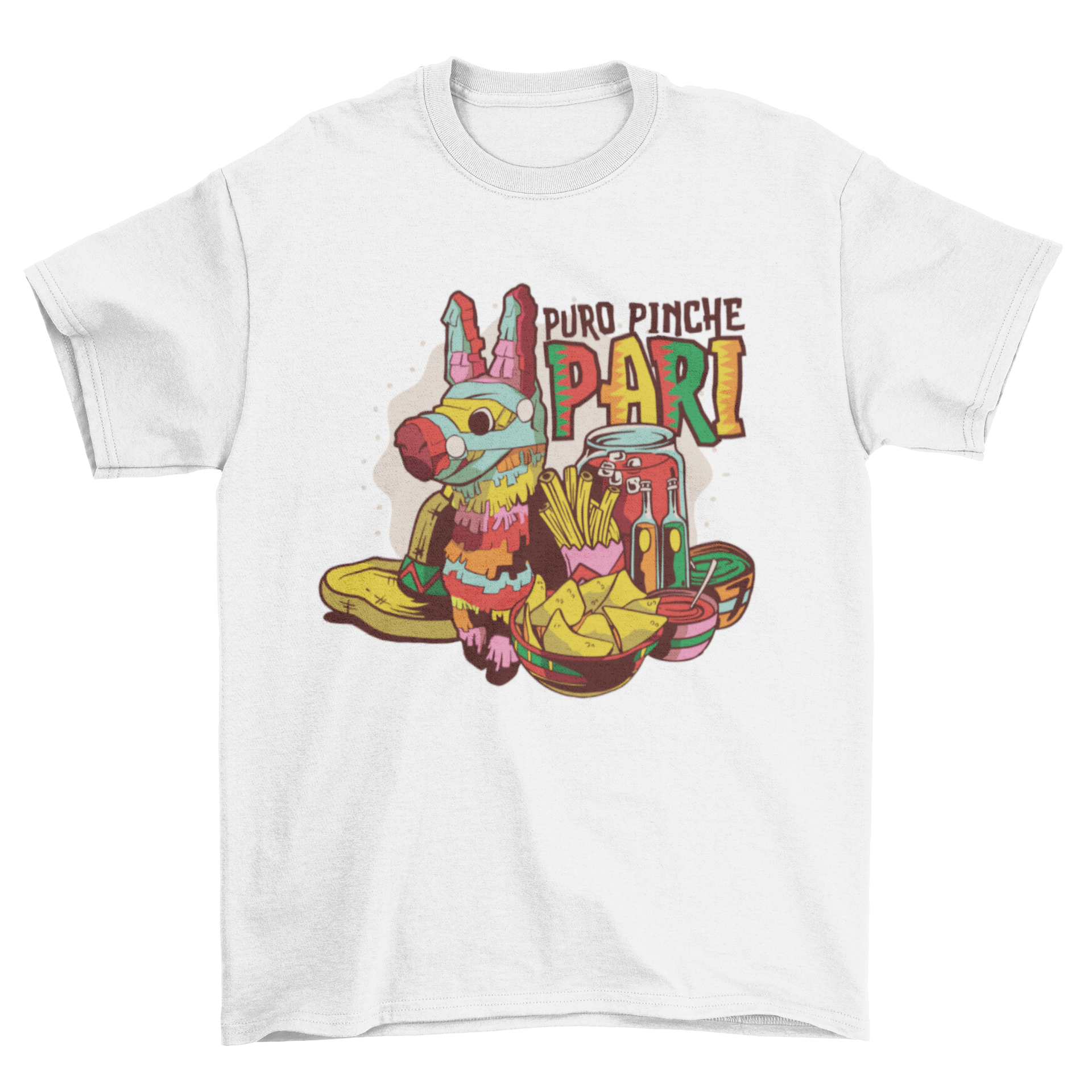 A colorful Mexican party t-shirt featuring festive designs and the quote 'Puro pinche pari', perfect for celebrations.