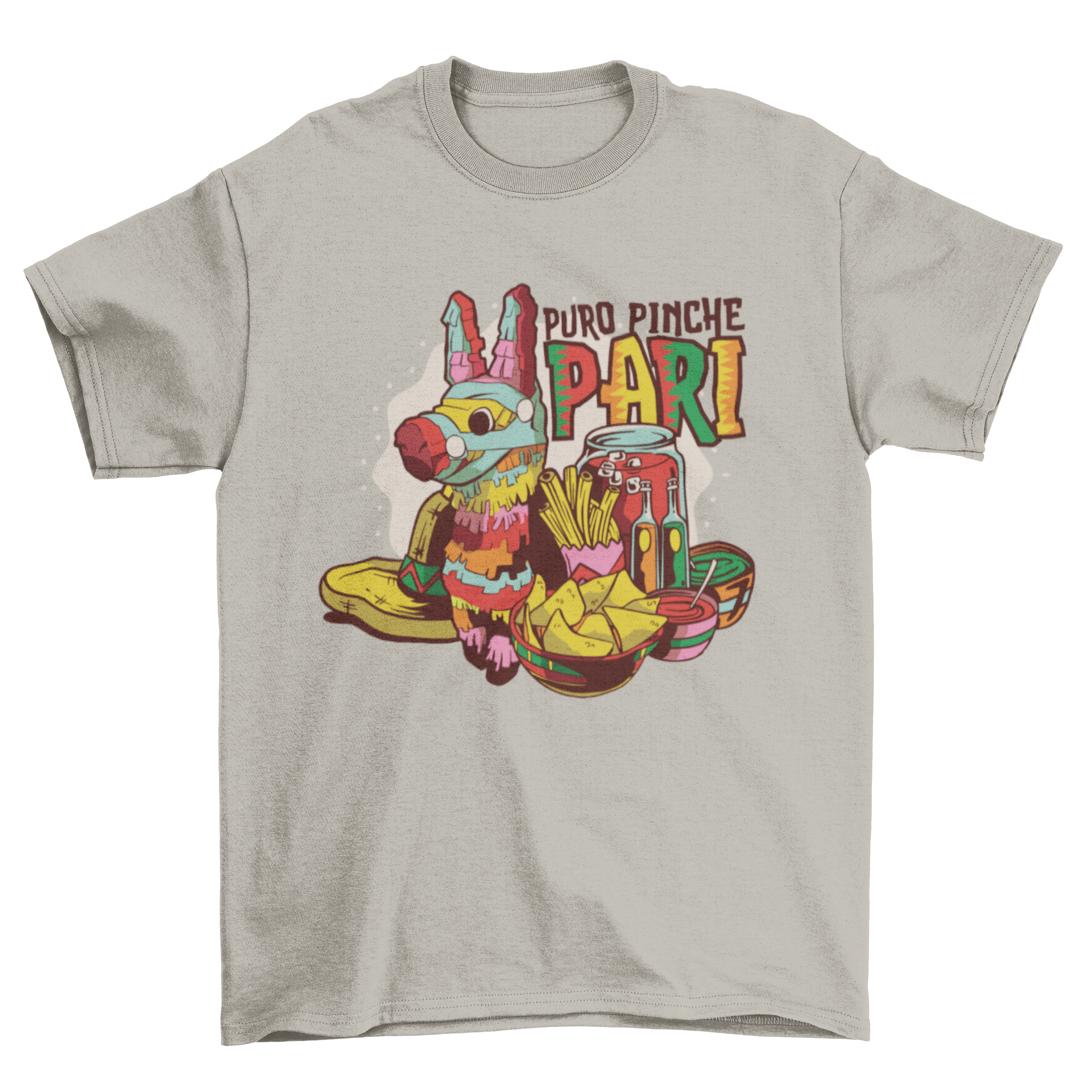 A colorful Mexican party t-shirt featuring festive designs and the quote 'Puro pinche pari', perfect for celebrations.