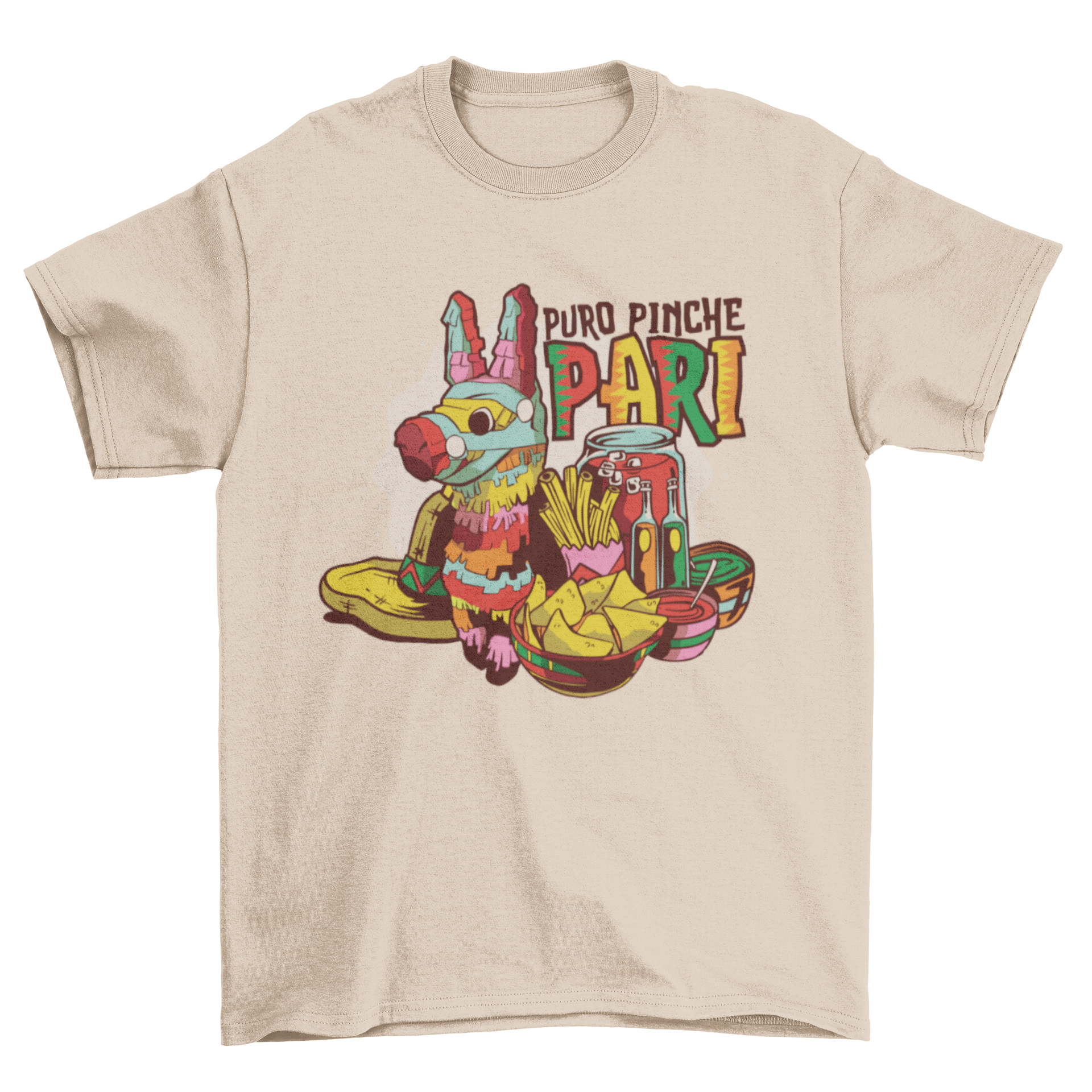 A colorful Mexican party t-shirt featuring festive designs and the quote 'Puro pinche pari', perfect for celebrations.