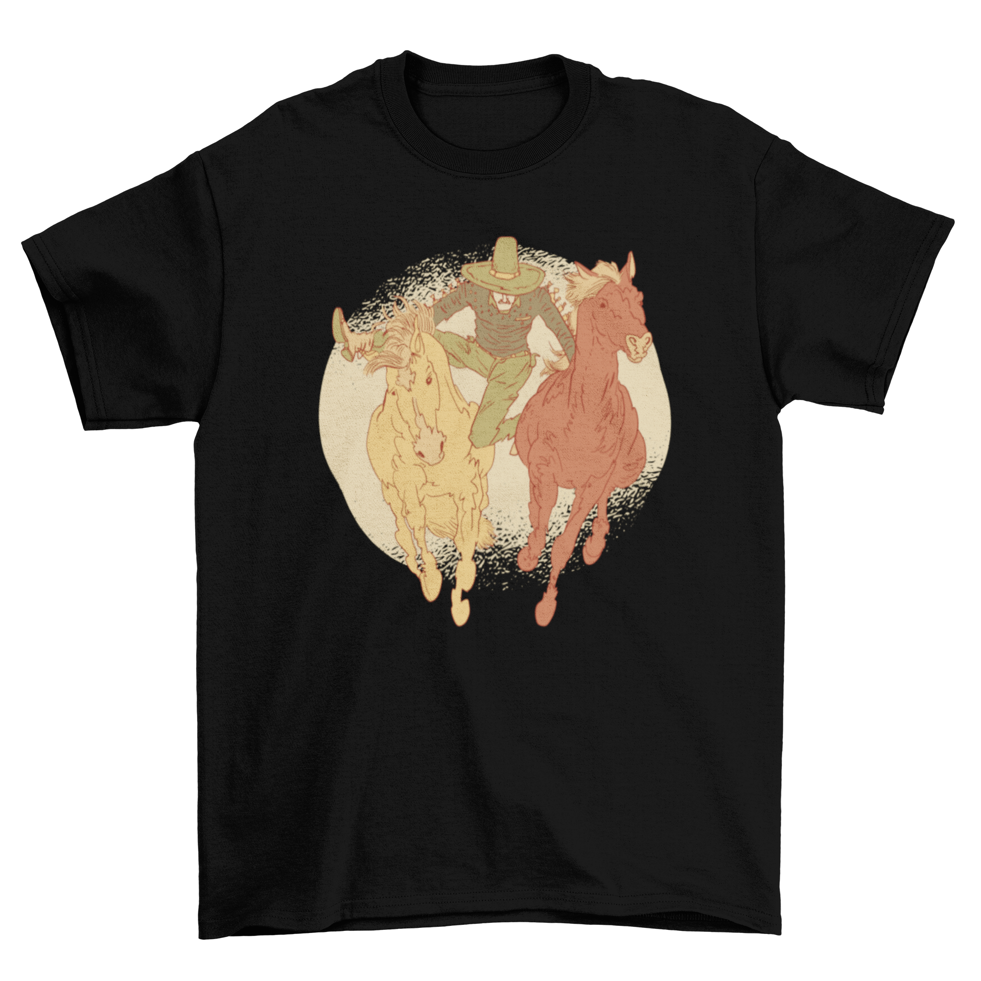 A stylish Mexican rodeo t-shirt featuring a hand-drawn illustration of a cowboy in action, showcasing vibrant colors and intricate details.