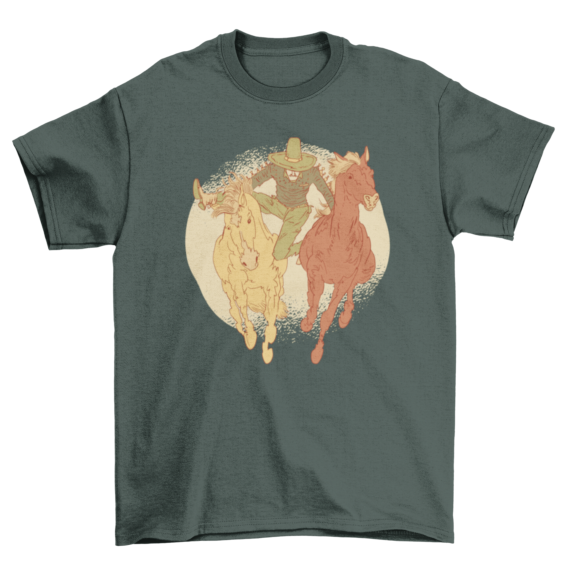 A stylish Mexican rodeo t-shirt featuring a hand-drawn illustration of a cowboy in action, showcasing vibrant colors and intricate details.