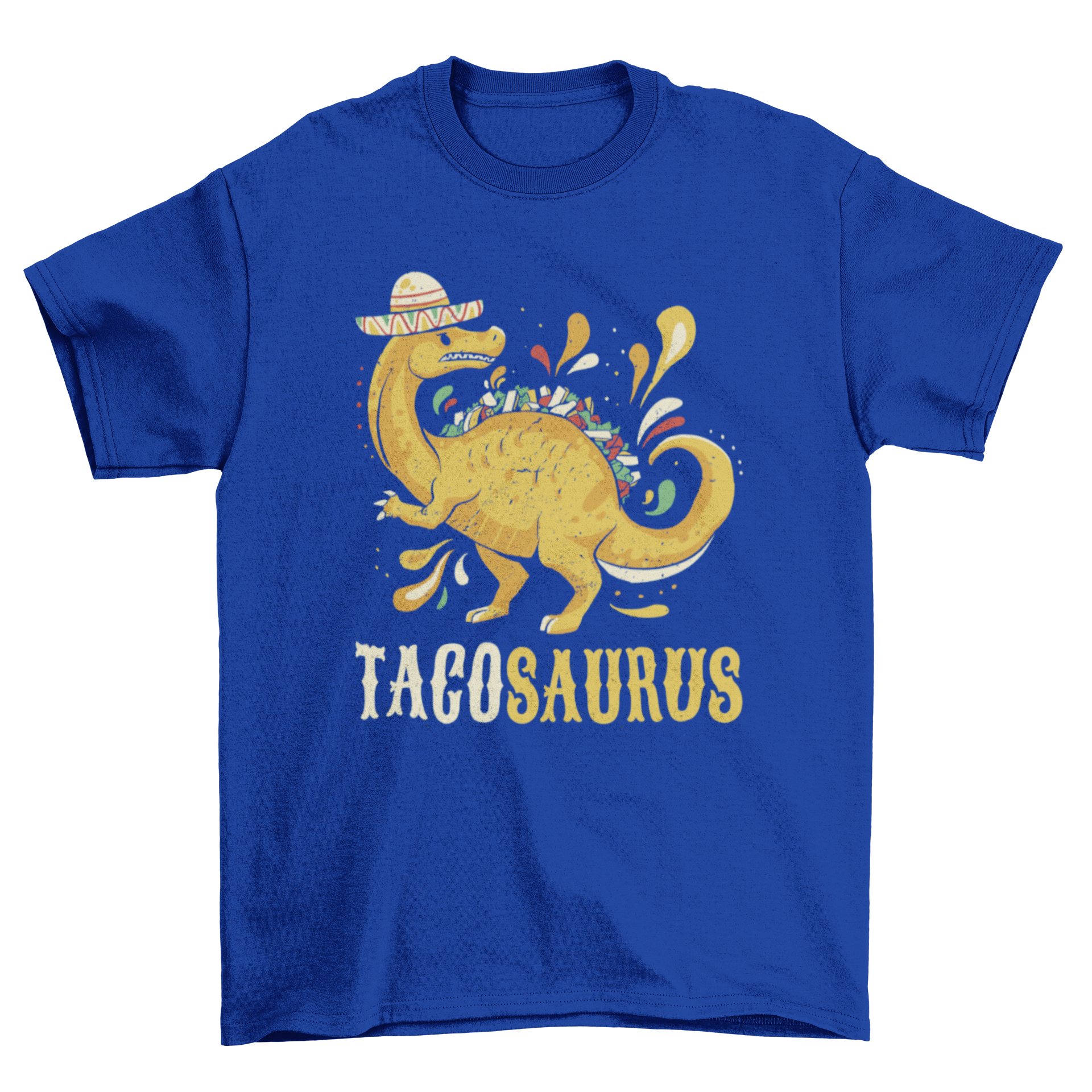 A colorful t-shirt featuring a dinosaur enjoying tacos with the quote 'Tacosaurus'.