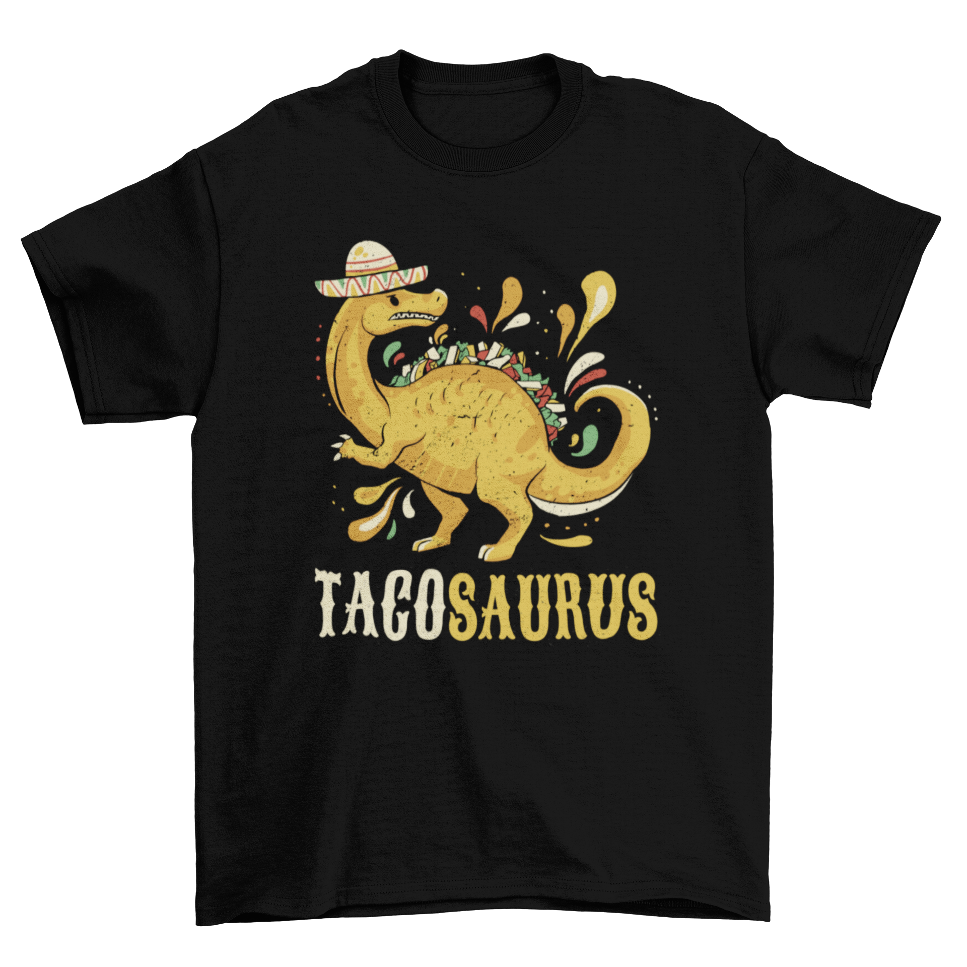 A colorful t-shirt featuring a dinosaur enjoying tacos with the quote 'Tacosaurus'.