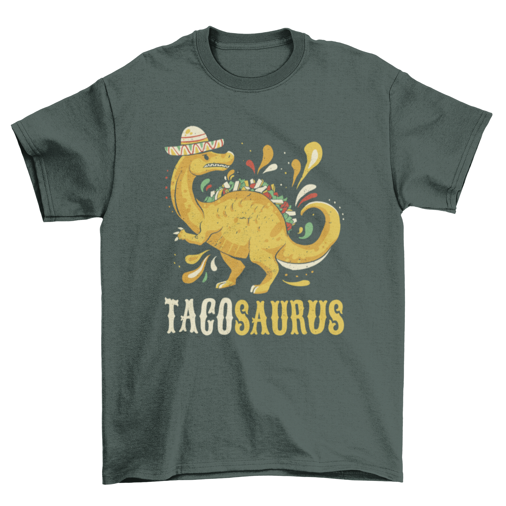 A colorful t-shirt featuring a dinosaur enjoying tacos with the quote 'Tacosaurus'.