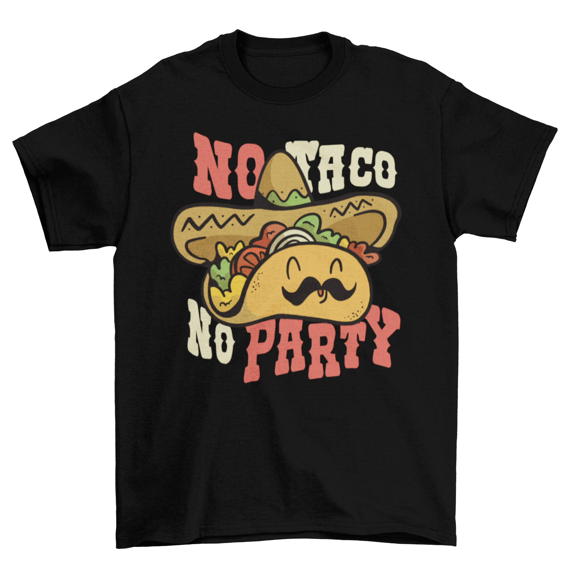 A colorful cartoon t-shirt featuring a taco wearing a Mexican hat with the quote 'No taco, no party'.