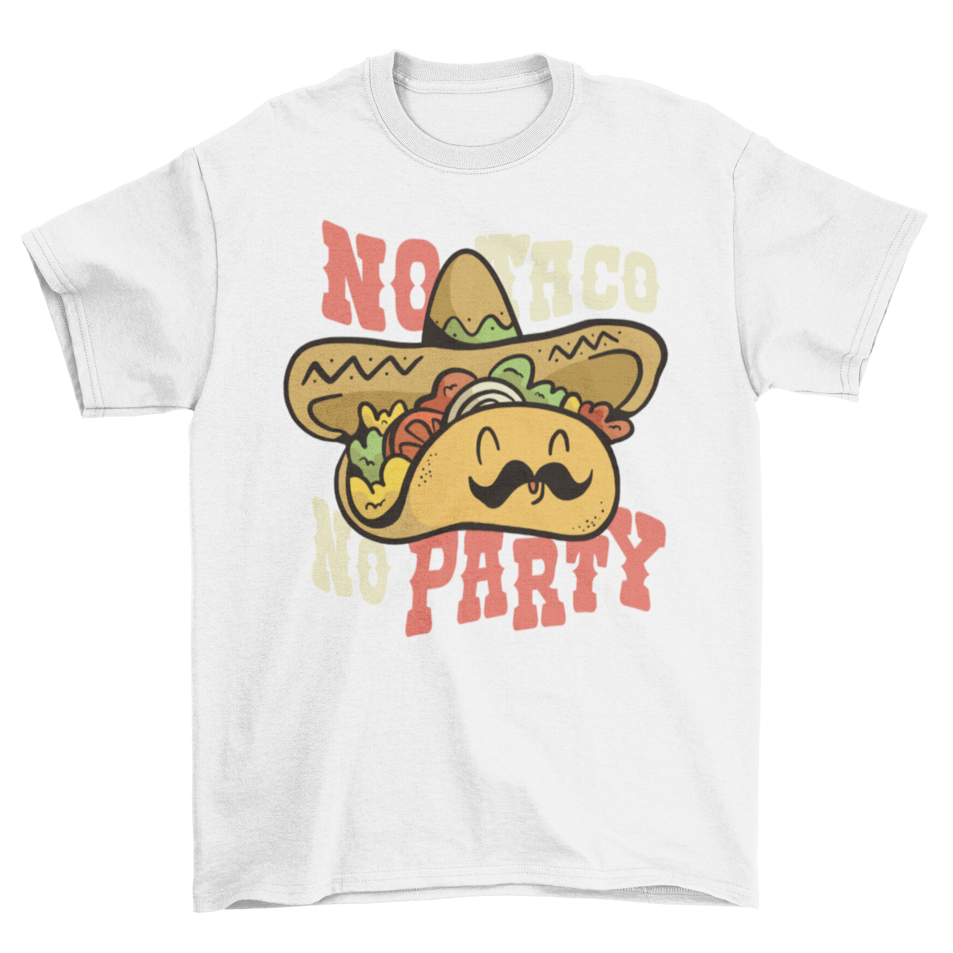 A colorful cartoon t-shirt featuring a taco wearing a Mexican hat with the quote 'No taco, no party'.