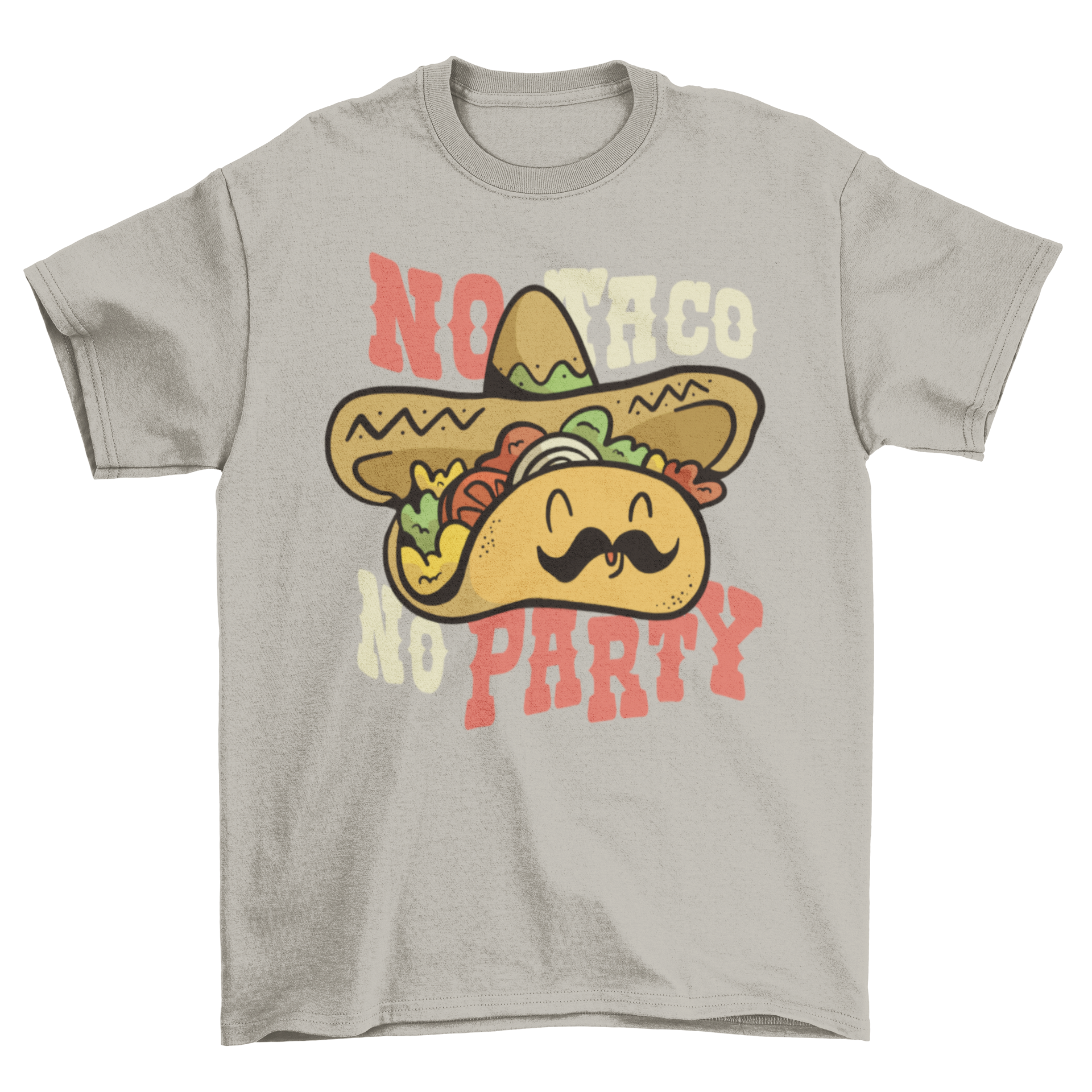 A colorful cartoon t-shirt featuring a taco wearing a Mexican hat with the quote 'No taco, no party'.