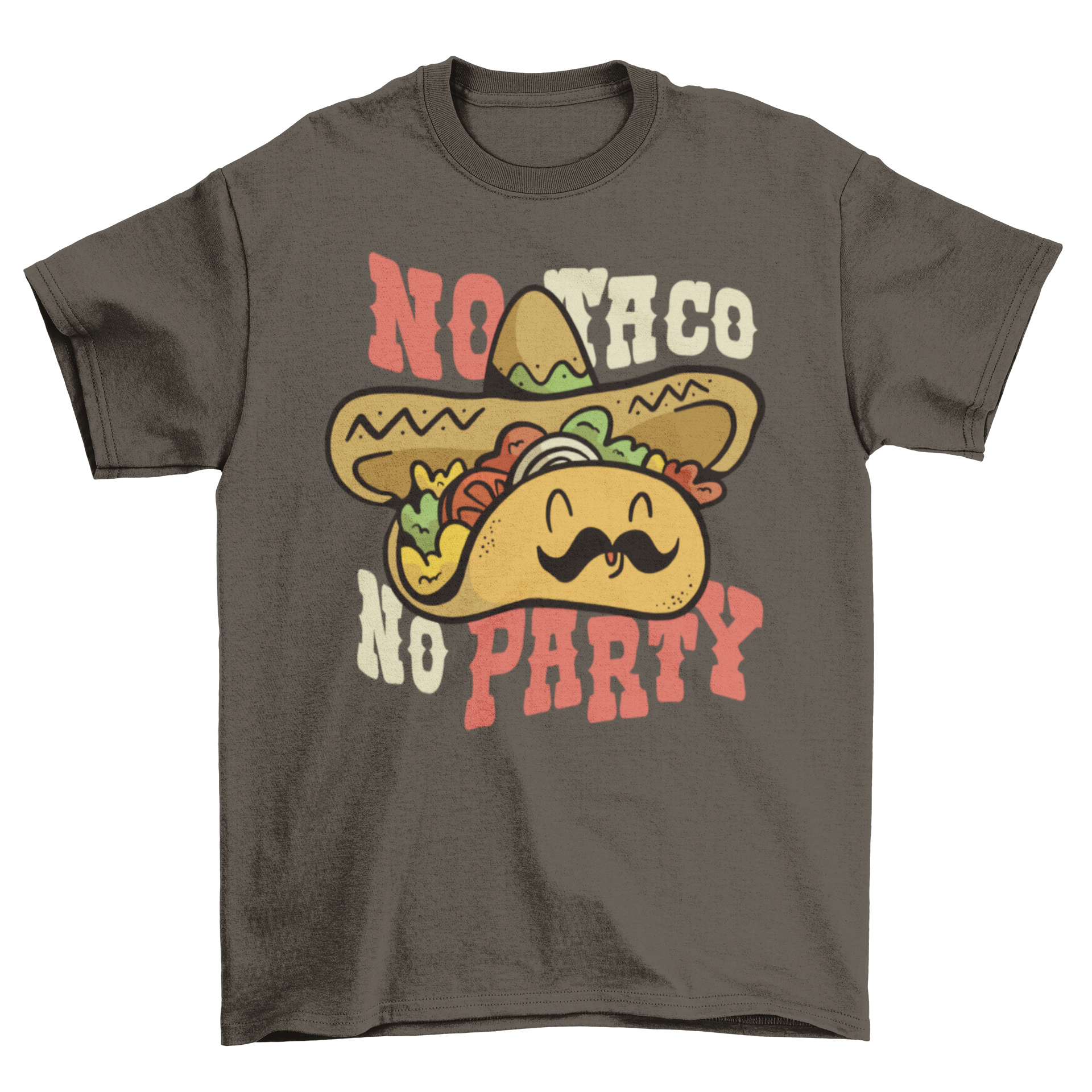 A colorful cartoon t-shirt featuring a taco wearing a Mexican hat with the quote 'No taco, no party'.