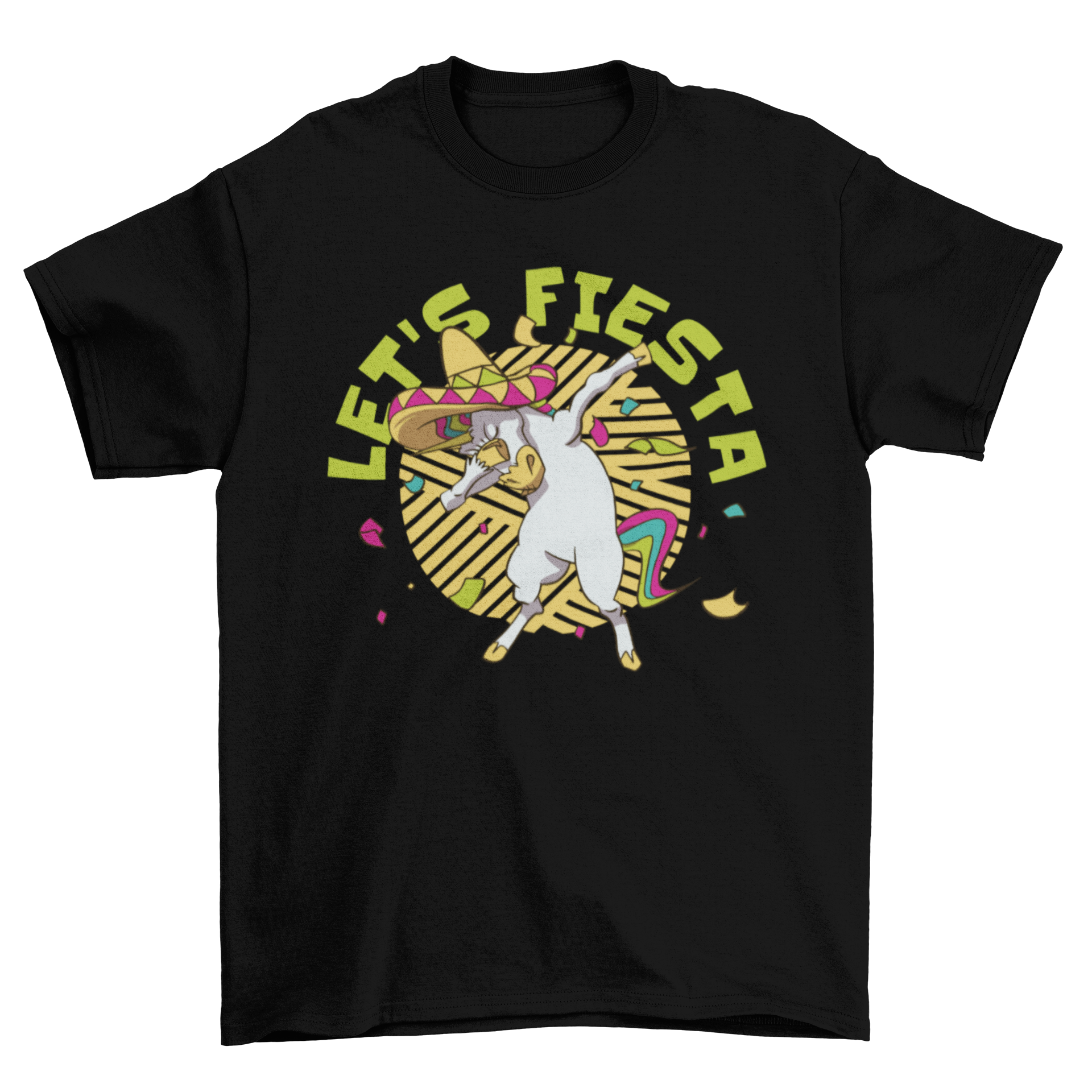 A colorful t-shirt featuring a Mexican unicorn dabbing with the quote 'Let's fiesta'.