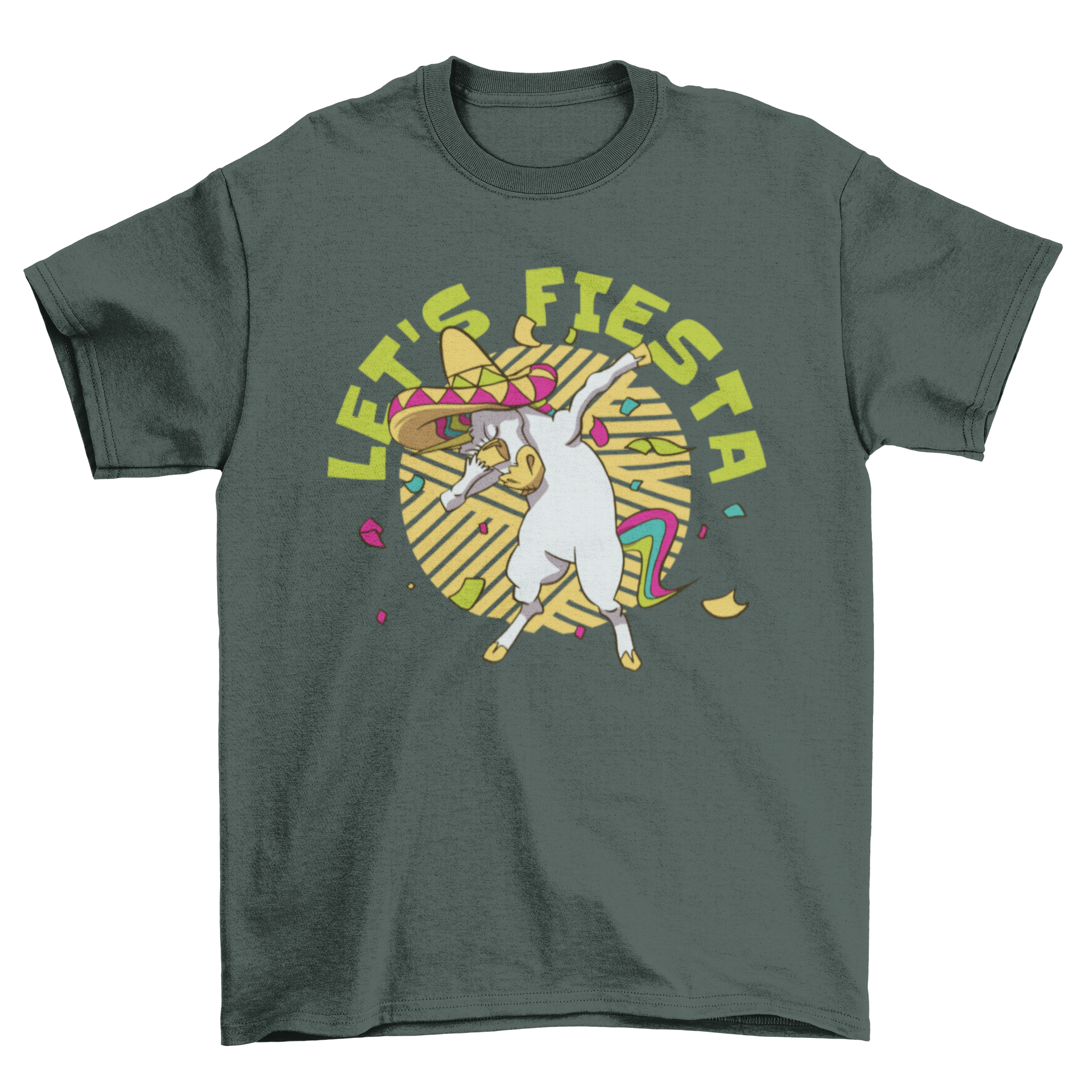 A colorful t-shirt featuring a Mexican unicorn dabbing with the quote 'Let's fiesta'.