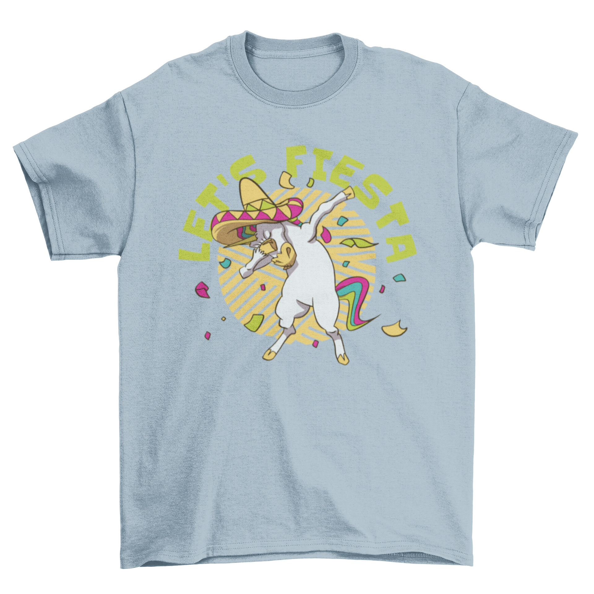 A colorful t-shirt featuring a Mexican unicorn dabbing with the quote 'Let's fiesta'.