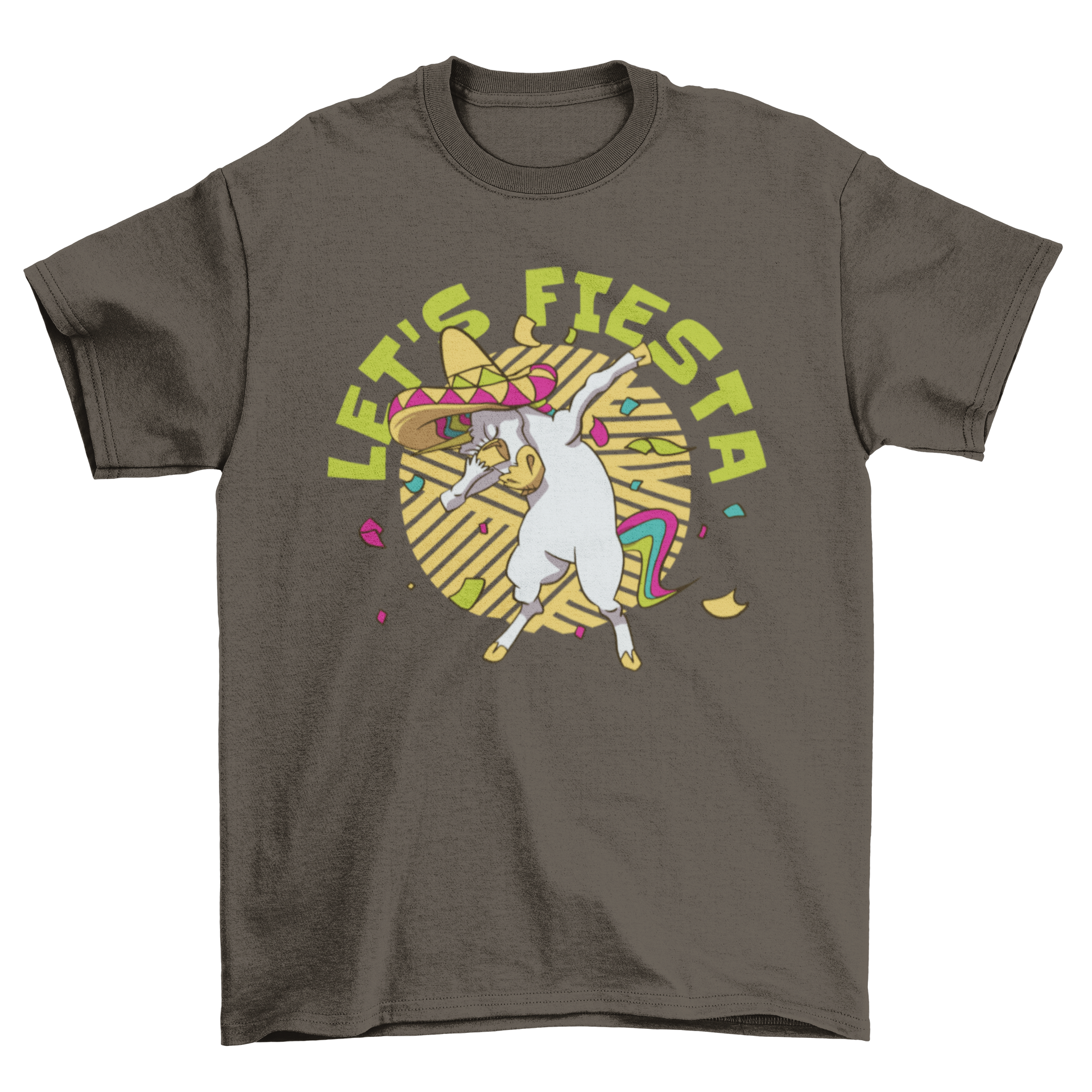 A colorful t-shirt featuring a Mexican unicorn dabbing with the quote 'Let's fiesta'.