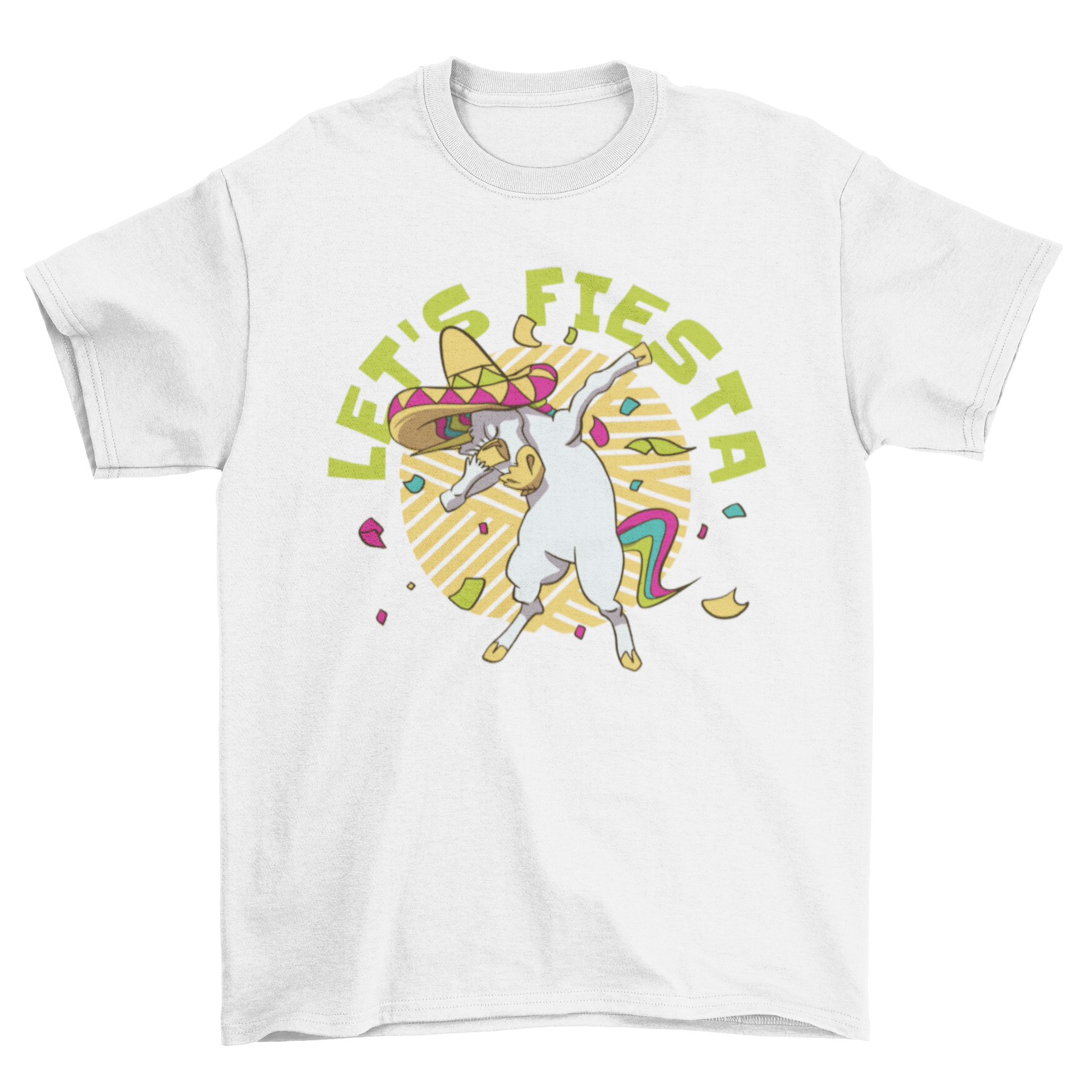 A colorful t-shirt featuring a Mexican unicorn dabbing with the quote 'Let's fiesta'.